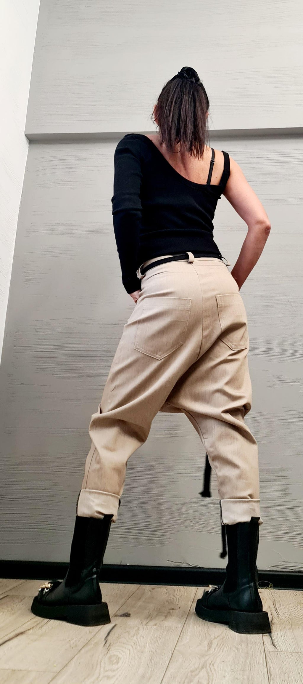 Beige Denim Harem Pants, Extravagant Pants, Unisex Denim, Women Denim Harem, DRESSSHOESCODE