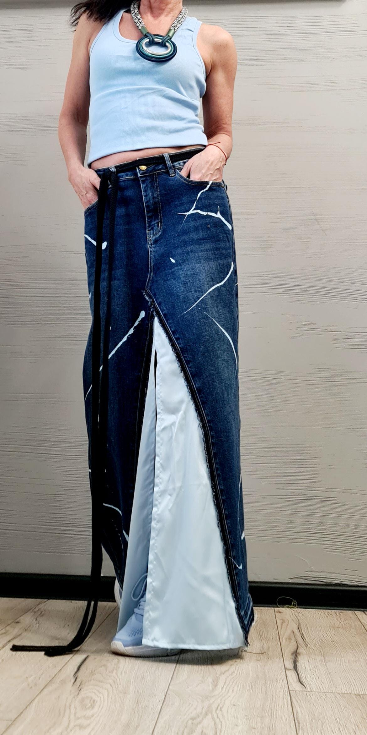 New collection Extravagant Long Skirt, Satin Denim Skirt, Deconstructed Avant Garde Skirt