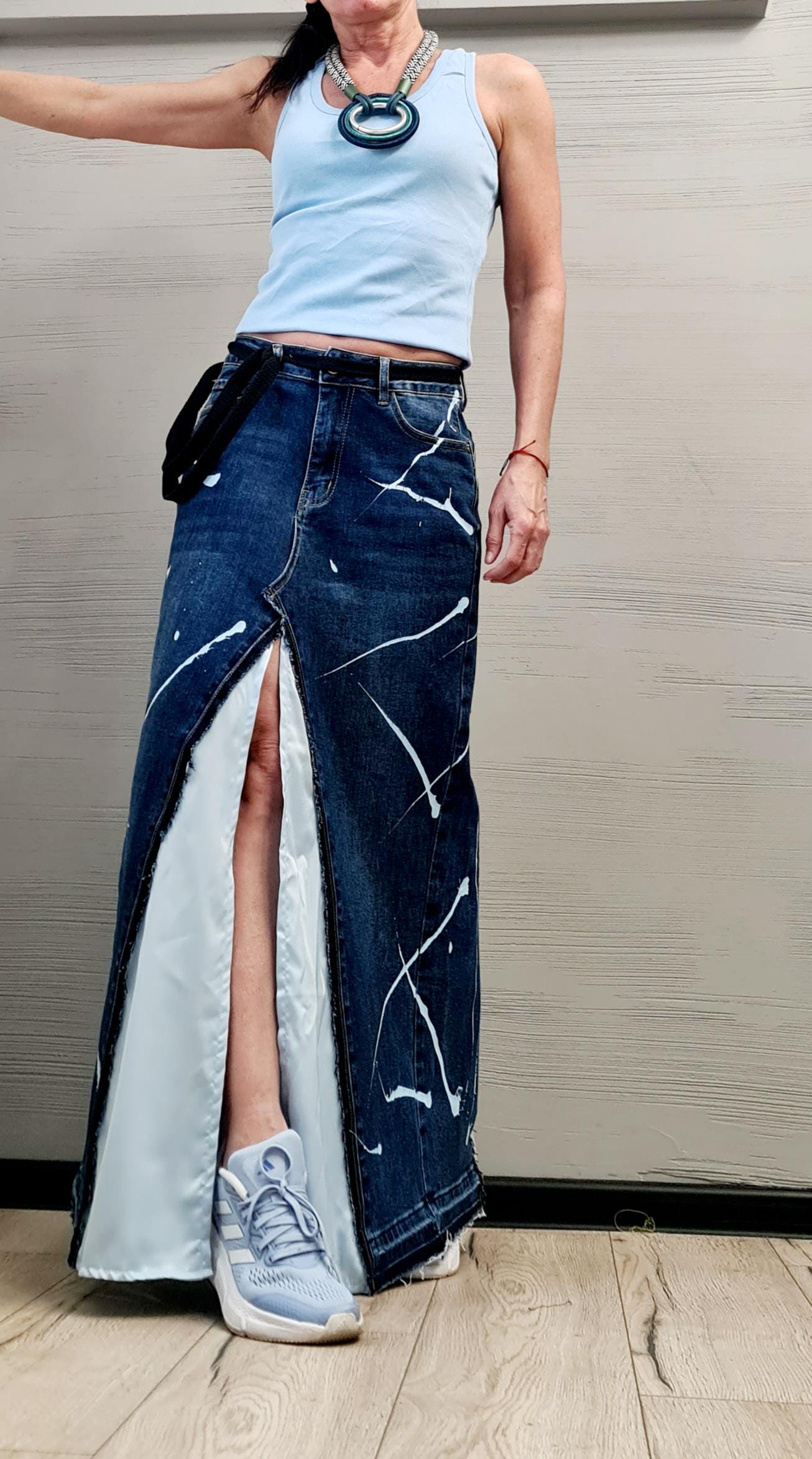 New collection Extravagant Long Skirt, Satin Denim Skirt, Deconstructed Avant Garde Skirt