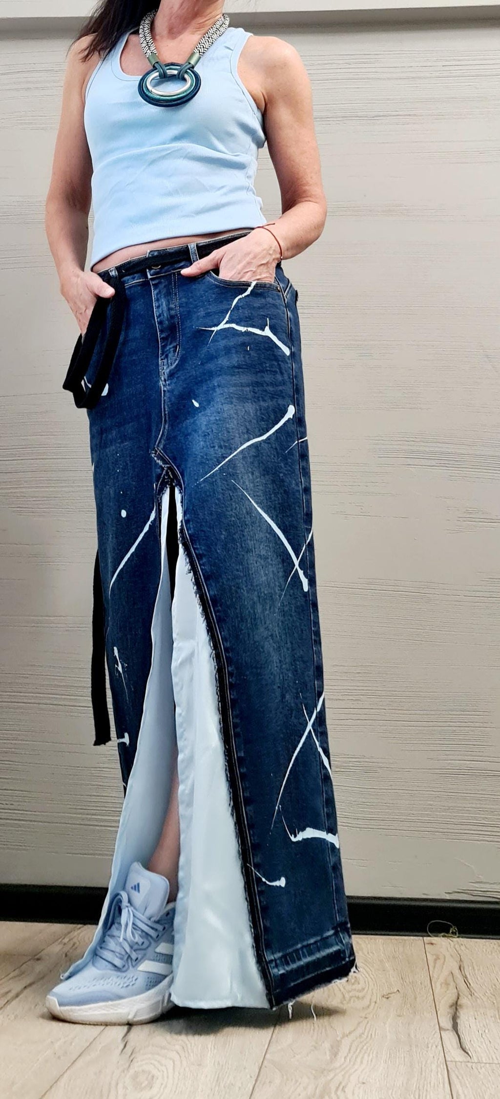 New collection Extravagant Long Skirt, Satin Denim Skirt, Deconstructed Avant Garde Skirt