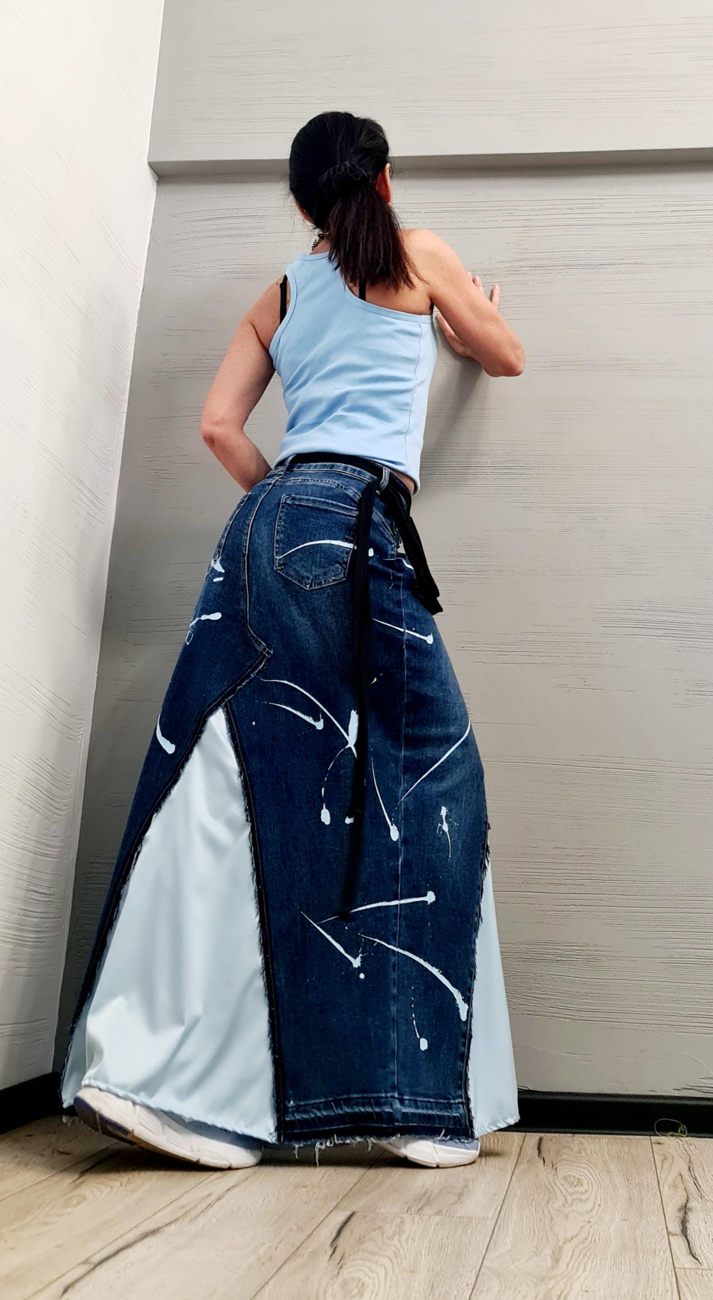 New collection Extravagant Long Skirt, Satin Denim Skirt, Deconstructed Avant Garde Skirt