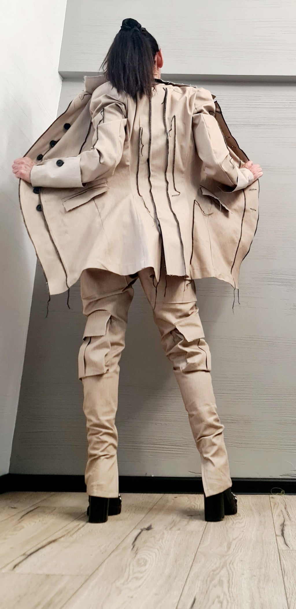 Extravagant Denim Women Costume, Asymmetric Avant Garde Blazer, Women Cargo Pants, Deconstructed Futuristic Clothing DRESSSHOESCODE