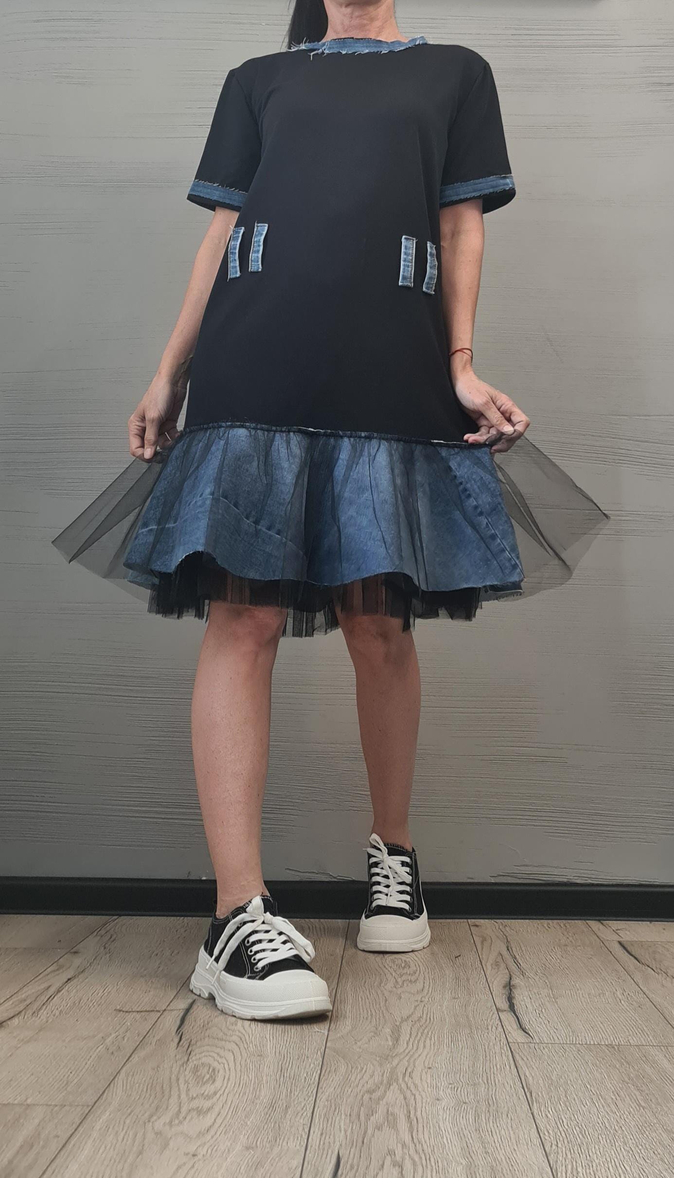 Extravagant Cotton Denim Tulle Tunic Dress, Casual Oversized T-Shirt Dress with Jean Accents – Unique Layered Skirt Style