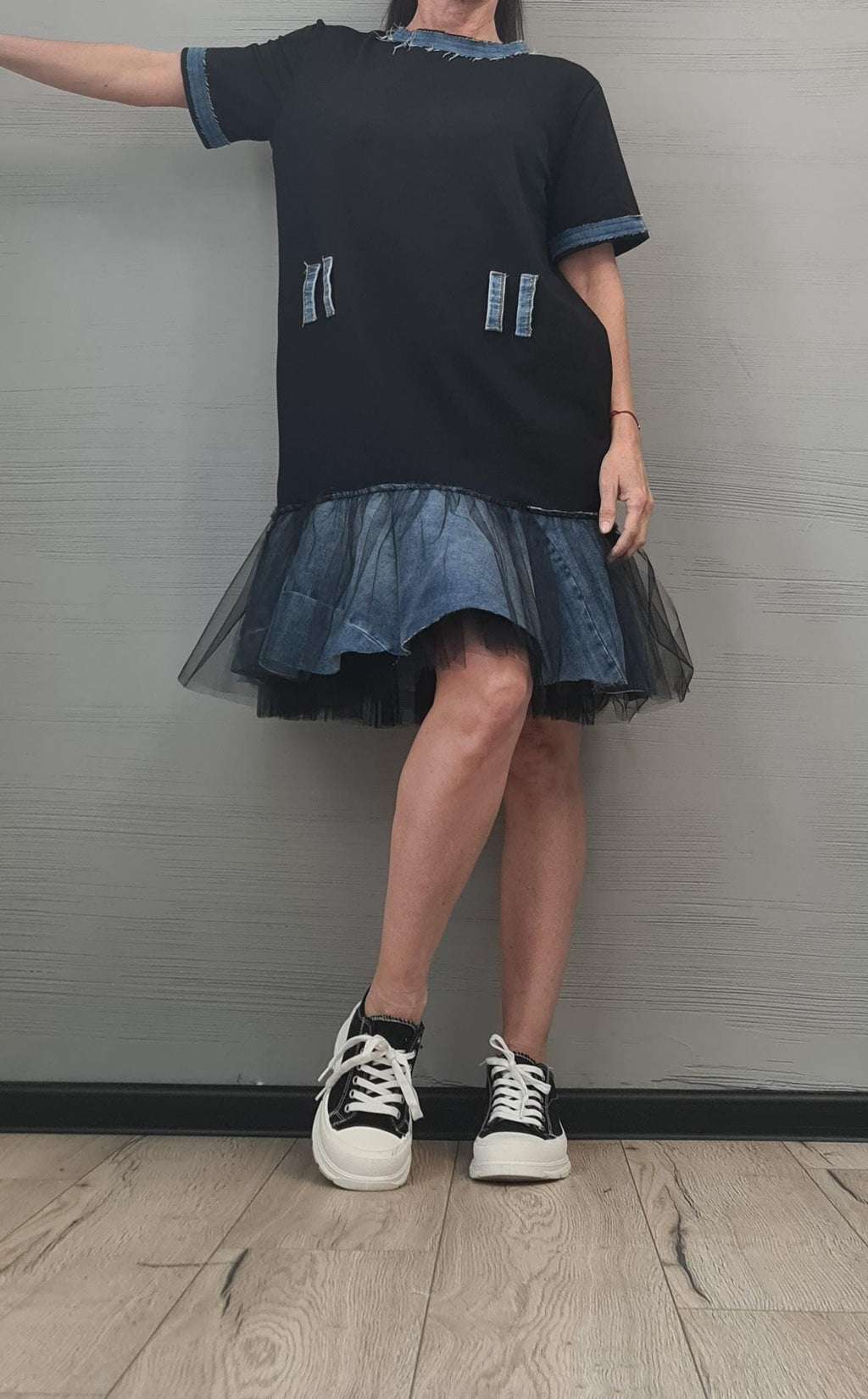 Extravagant  Dress, Cotton Denim Tunic Dress, Plus Size Clothing, Asymmetric Dress, Knee Length Dress, DRESSSHOESCODE