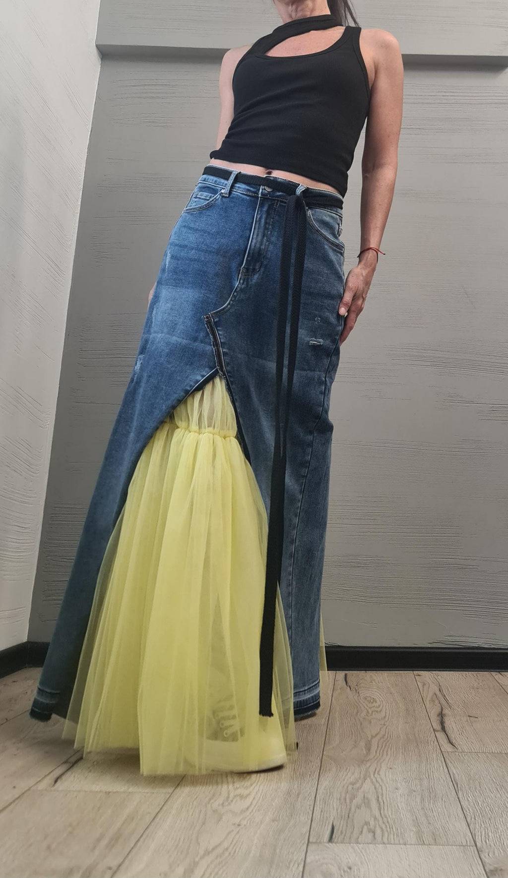 New collection Extravagant Long Skirt, Denim Tulle Skirt, Deconstructed Avant Garde Skirt DRESSSHOESCODE