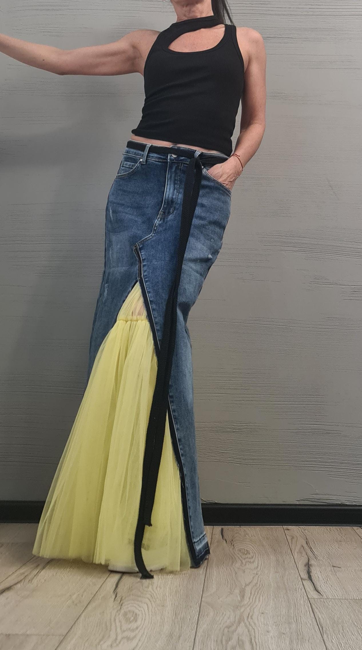 New collection Extravagant Long Skirt, Denim Tulle Skirt, Deconstructed Avant Garde Skirt DRESSSHOESCODE