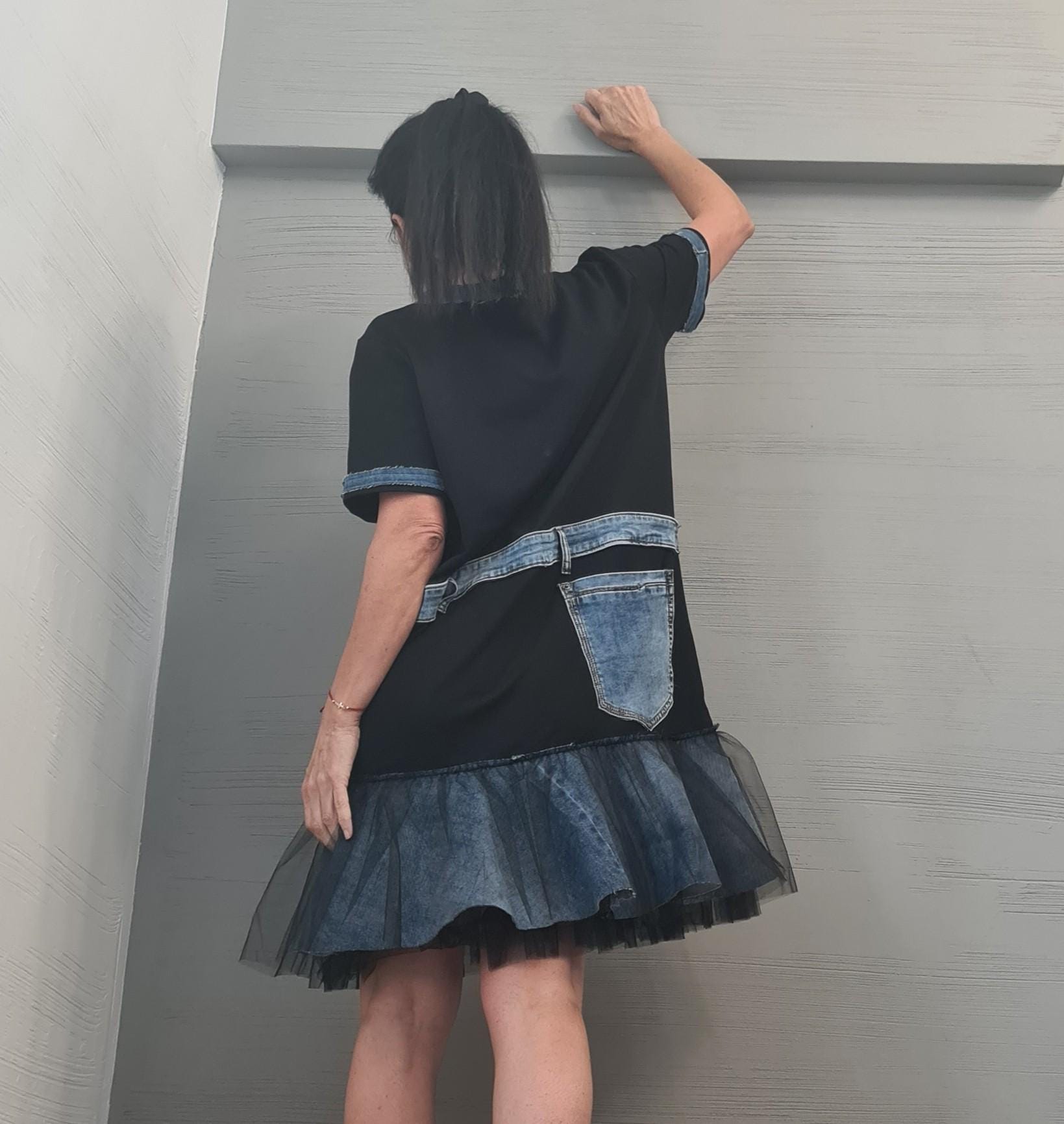 Extravagant  Dress, Cotton Denim Tunic Dress, Plus Size Clothing, Asymmetric Dress, Knee Length Dress, DRESSSHOESCODE