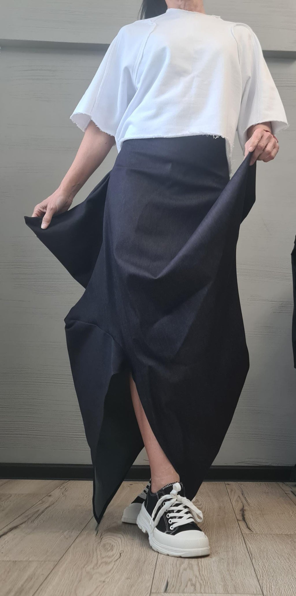 New collection Extravagant Long Skirt, Asymmetric Denim Skirt, Deconstructed Avant Garde Skirt DRESSSHOESCODE