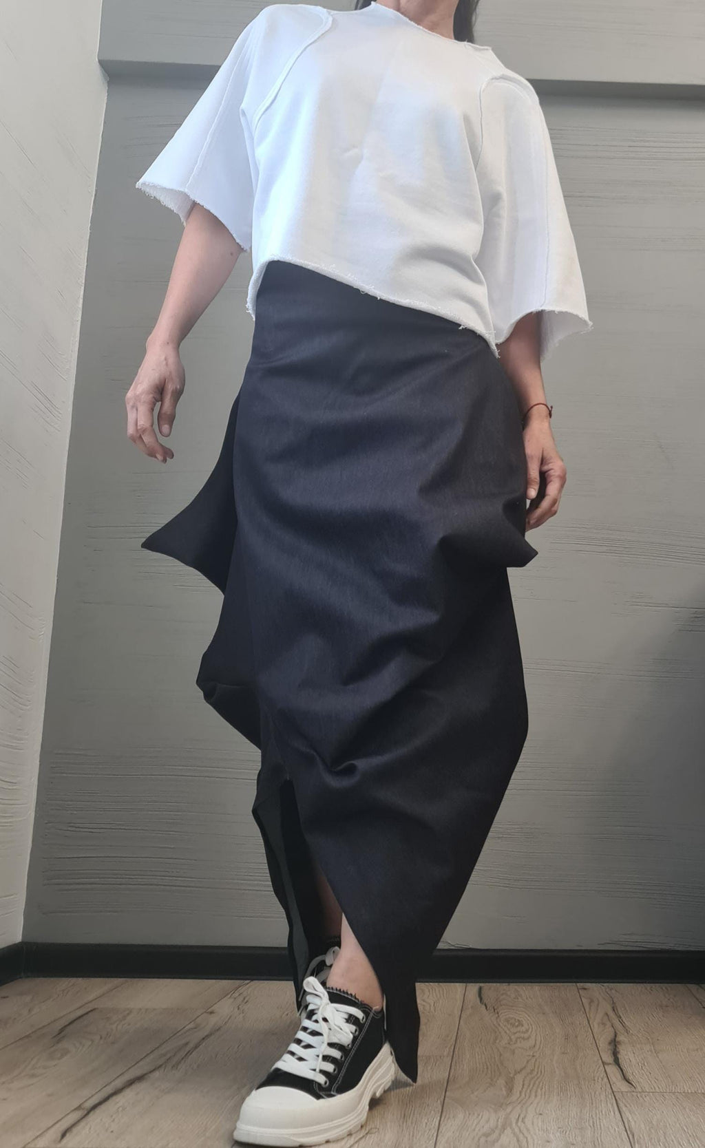 New collection Extravagant Long Skirt, Asymmetric Denim Skirt, Deconstructed Avant Garde Skirt DRESSSHOESCODE