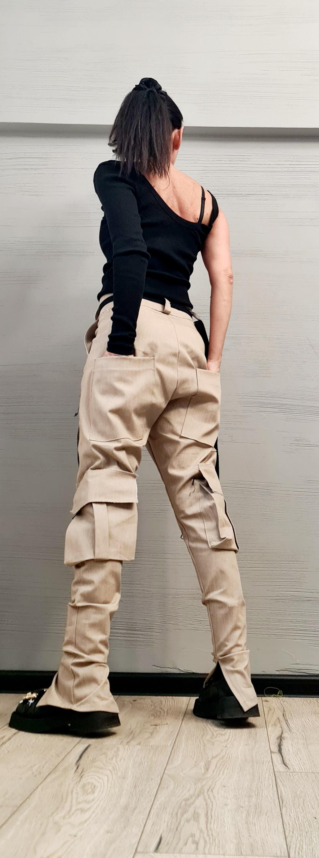 Extravagant Cargo Denim Pants, Fitted Sexy Casual Pants, Outer pockets, New collection DRESSSHOESCODE