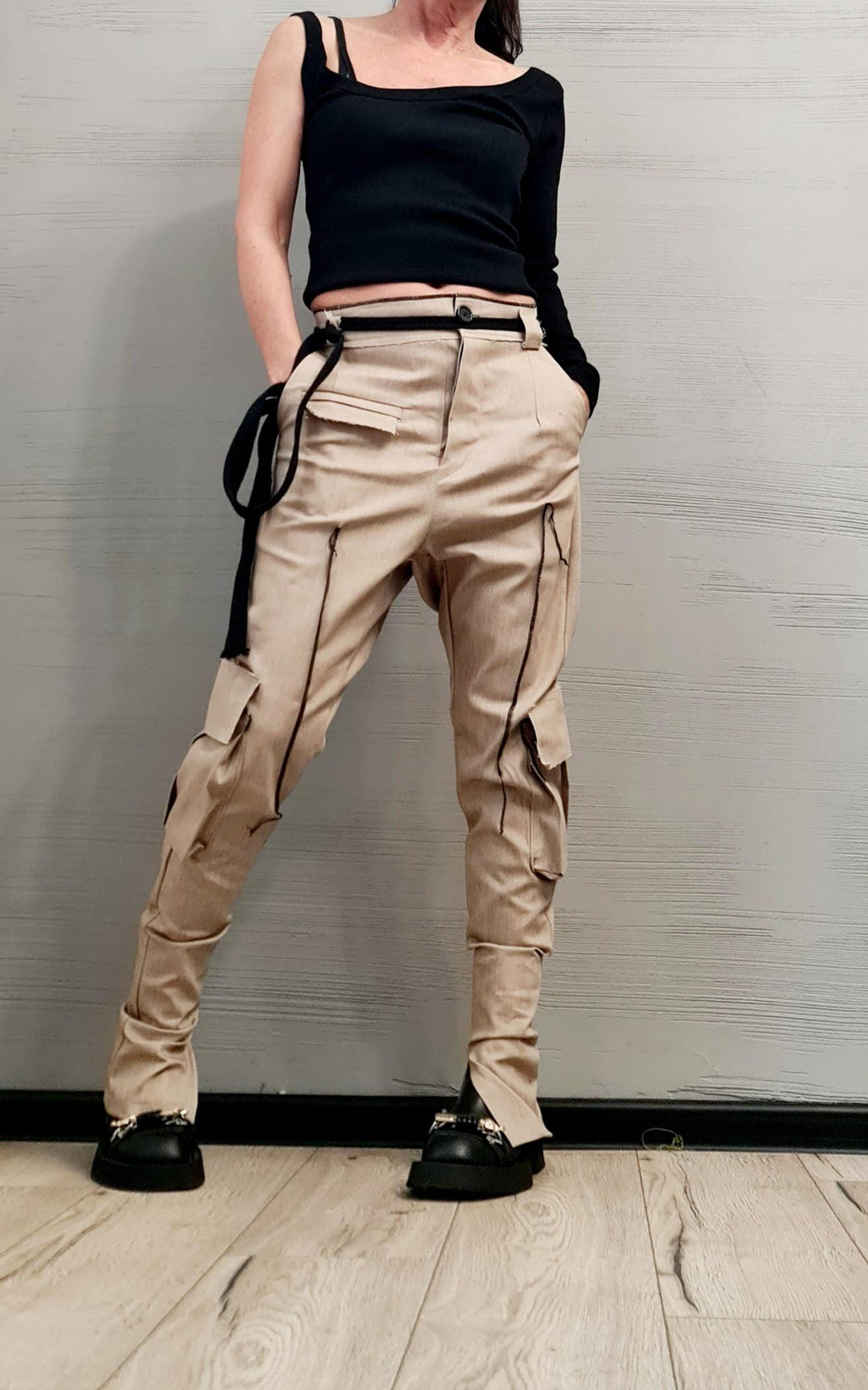 Extravagant Cargo Denim Pants, Fitted Sexy Casual Pants, Outer pockets, New collection DRESSSHOESCODE