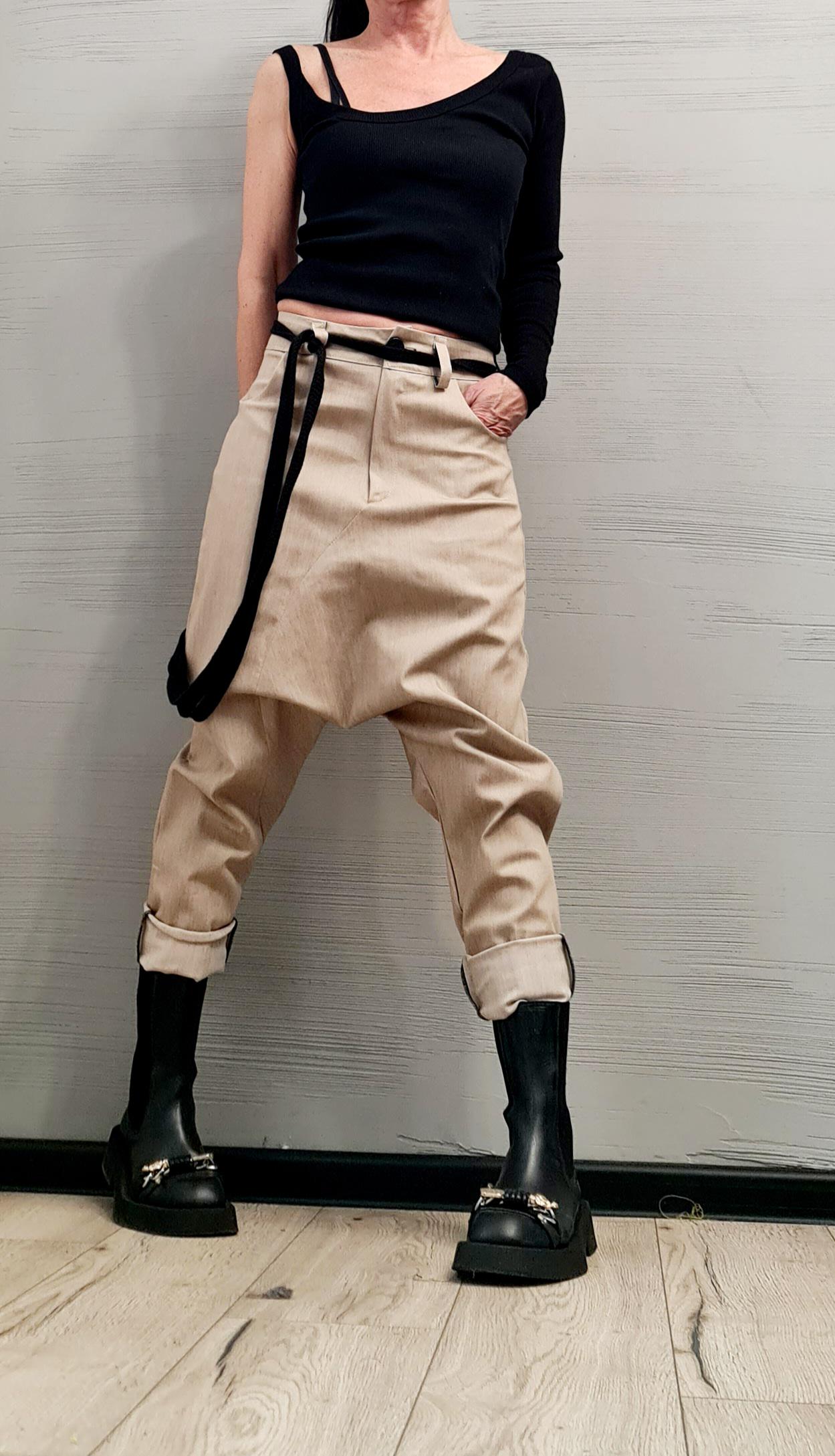 Beige Denim Harem Pants, Extravagant Pants, Unisex Denim, Women Denim Harem, DRESSSHOESCODE