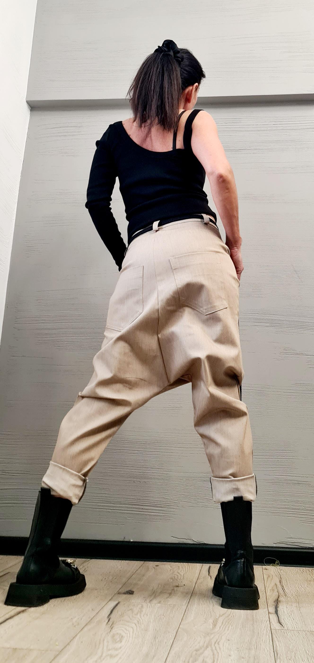Beige Denim Harem Pants, Extravagant Pants, Unisex Denim, Women Denim Harem, DRESSSHOESCODE