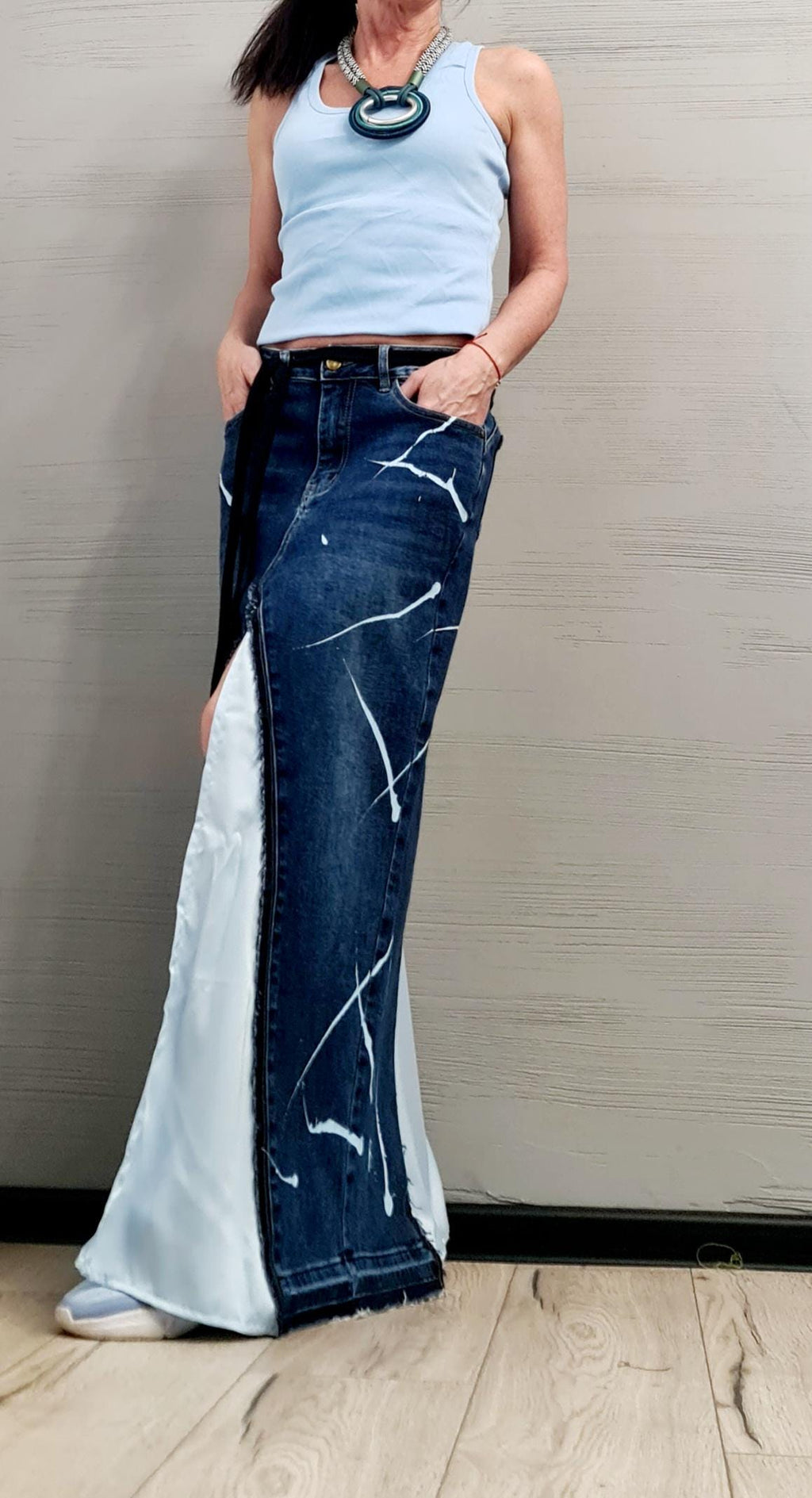 New collection Extravagant Long Skirt, Satin Denim Skirt, Deconstructed Avant Garde Skirt