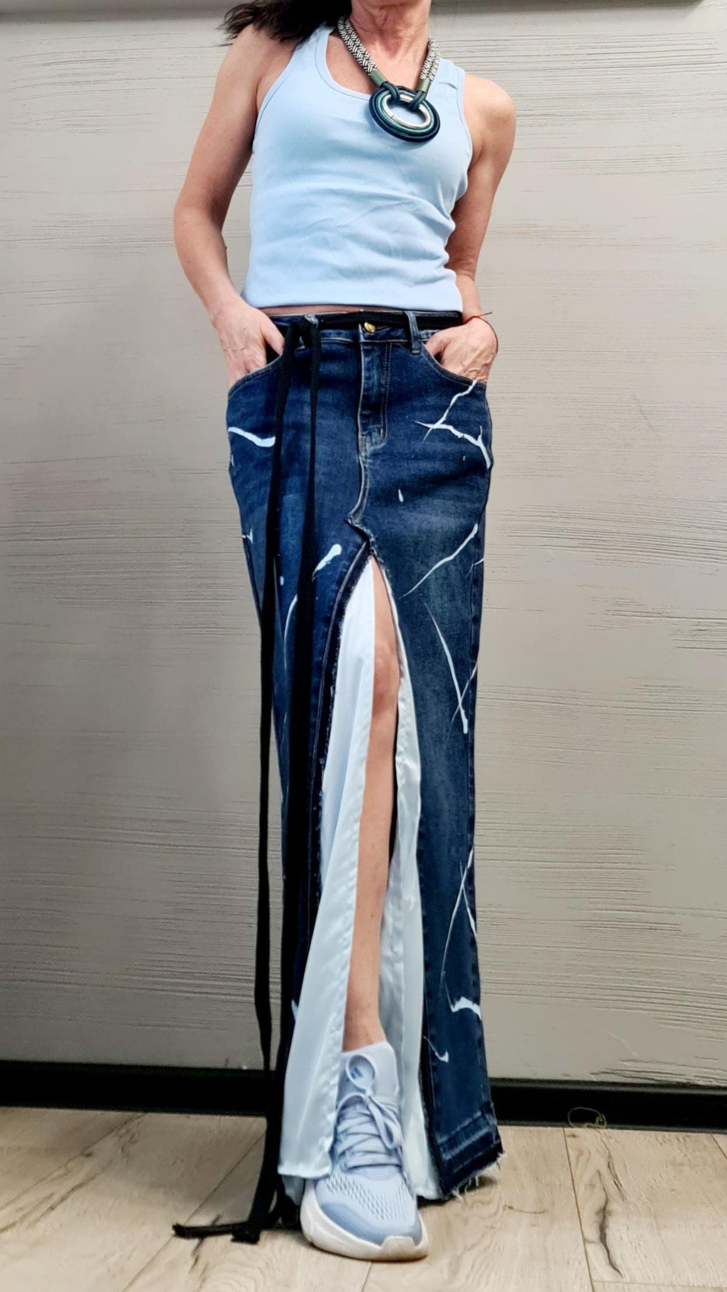 New collection Extravagant Long Skirt, Satin Denim Skirt, Deconstructed Avant Garde Skirt