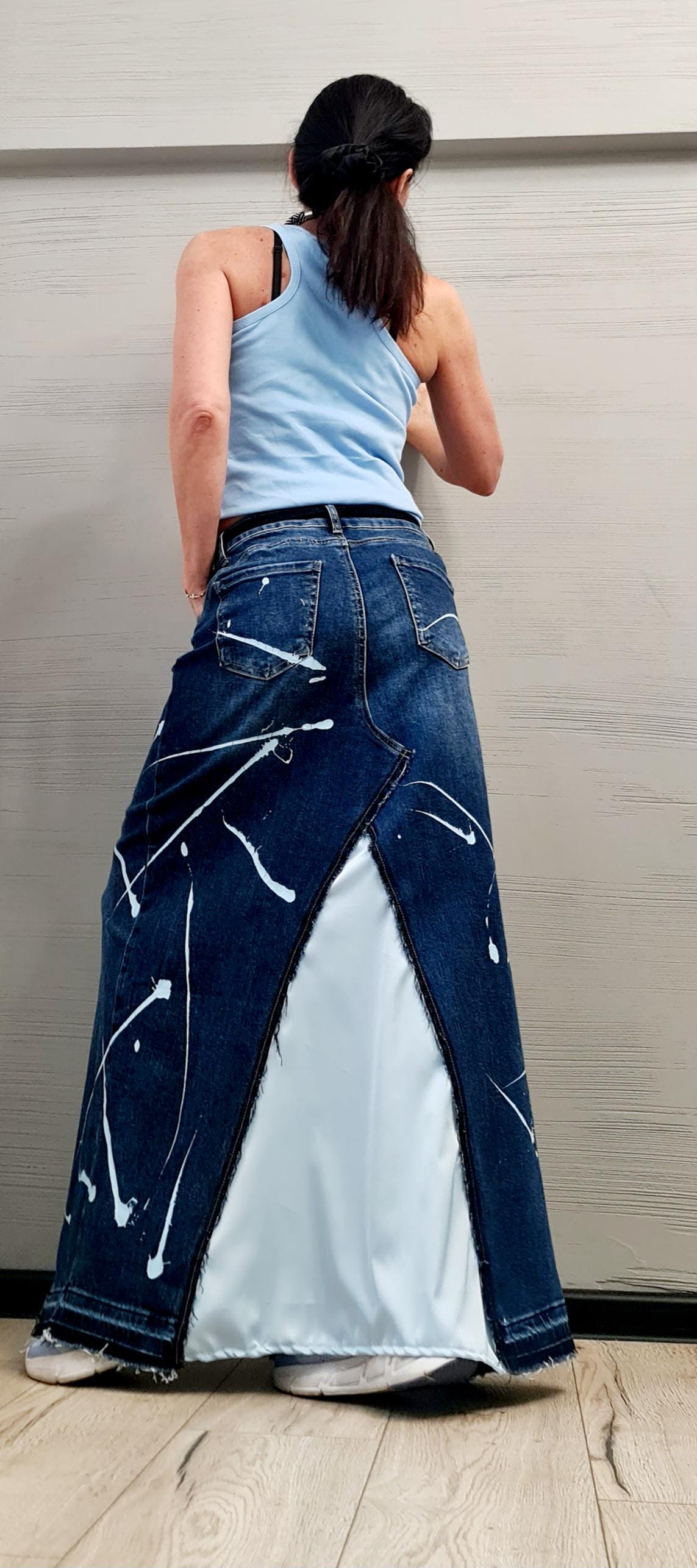 New collection Extravagant Long Skirt, Satin Denim Skirt, Deconstructed Avant Garde Skirt