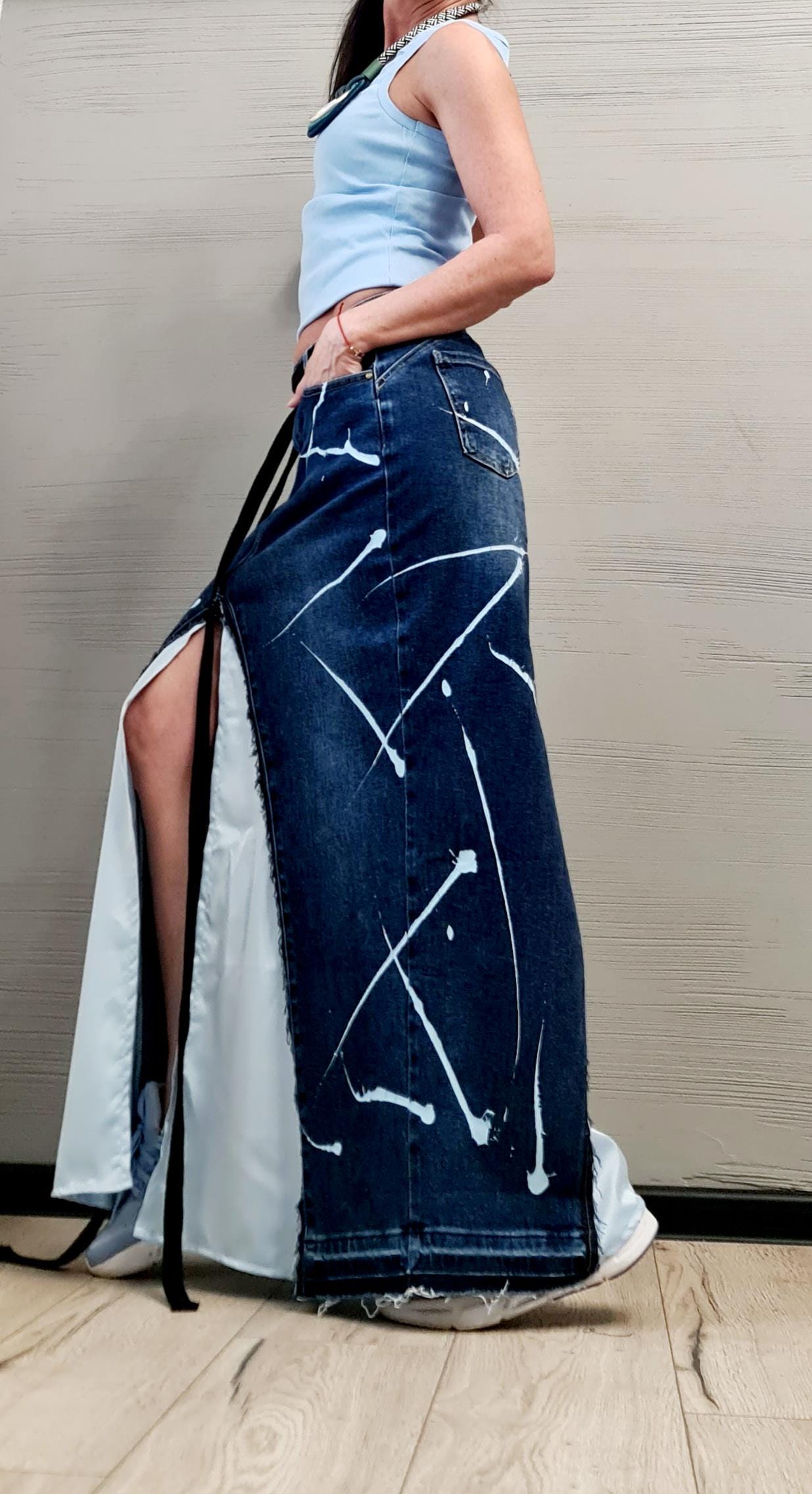 New collection Extravagant Long Skirt, Satin Denim Skirt, Deconstructed Avant Garde Skirt