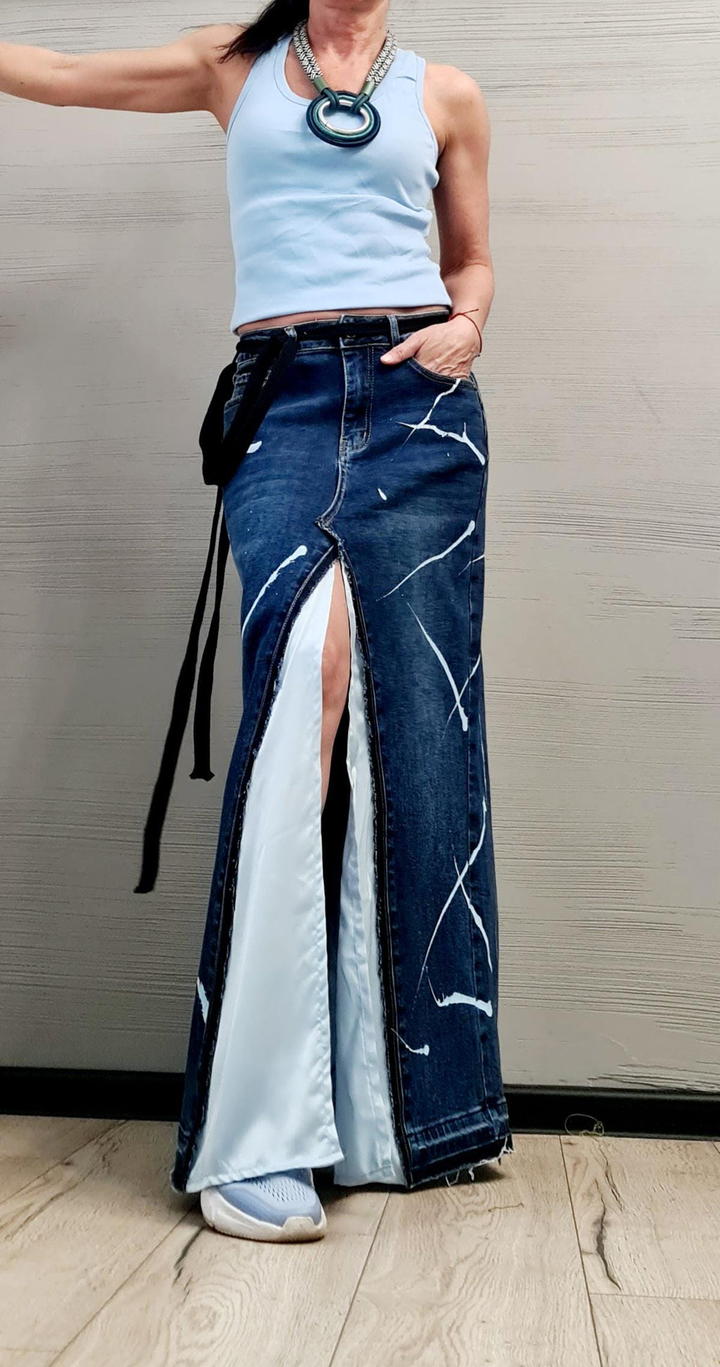 New collection Extravagant Long Skirt, Satin Denim Skirt, Deconstructed Avant Garde Skirt