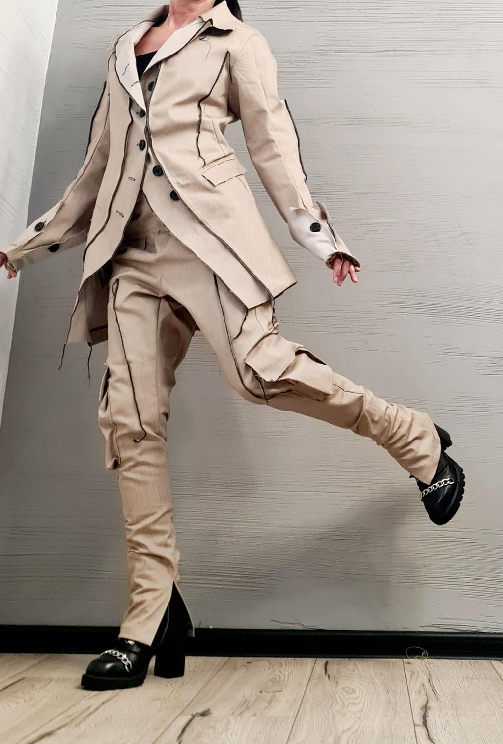 Extravagant Denim Women Costume, Asymmetric Avant Garde Blazer, Women Cargo Pants, Deconstructed Futuristic Clothing DRESSSHOESCODE