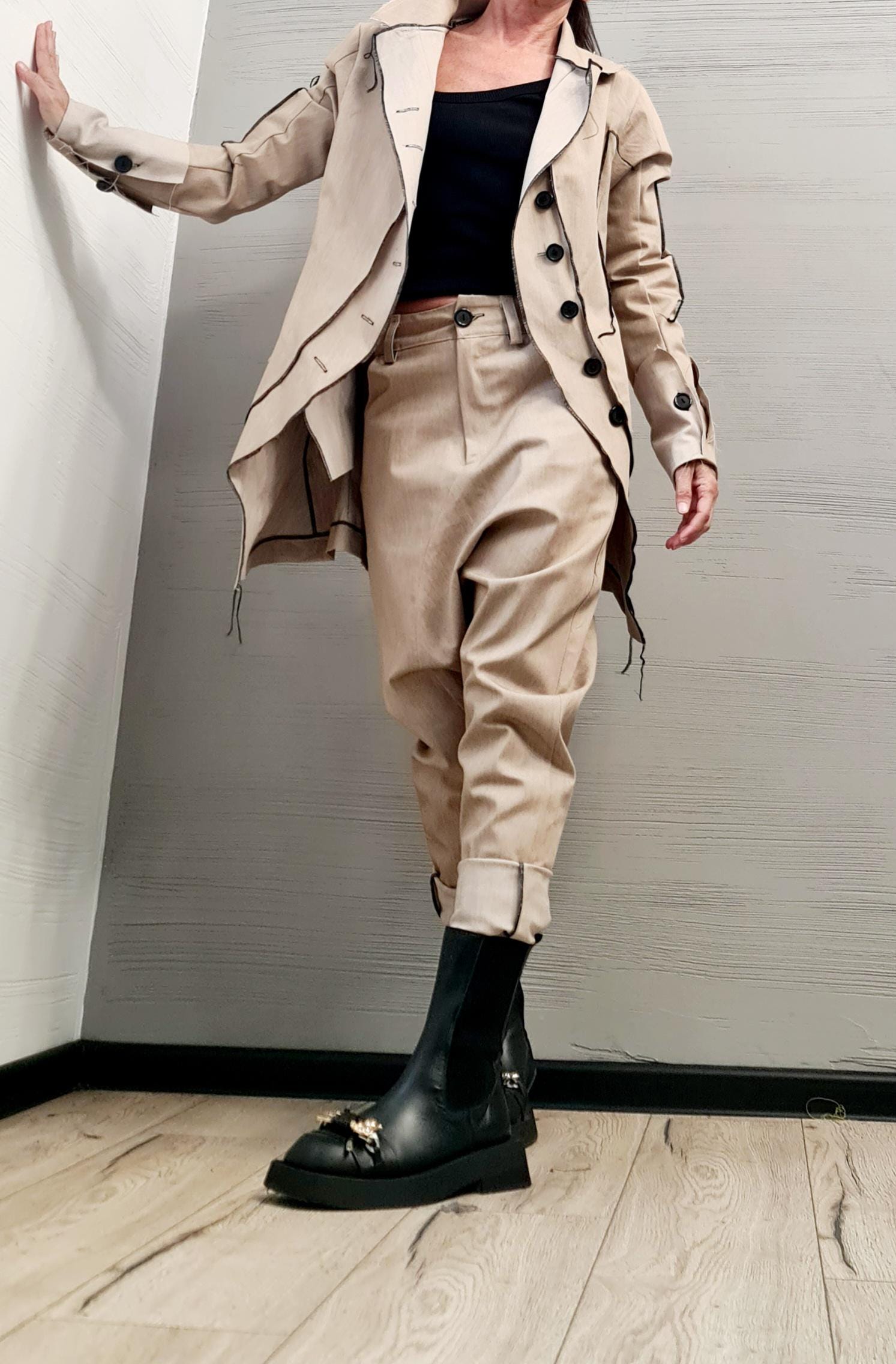 Extravagant Denim Women Costume, Asymmetric Avant Garde Blazer, Women Cargo Pants, Deconstructed Futuristic Clothing DRESSSHOESCODE