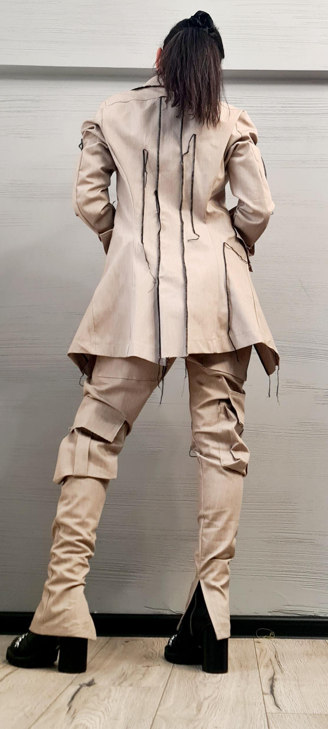 Extravagant Denim Women Costume, Asymmetric Avant Garde Blazer, Women Cargo Pants, Deconstructed Futuristic Clothing DRESSSHOESCODE