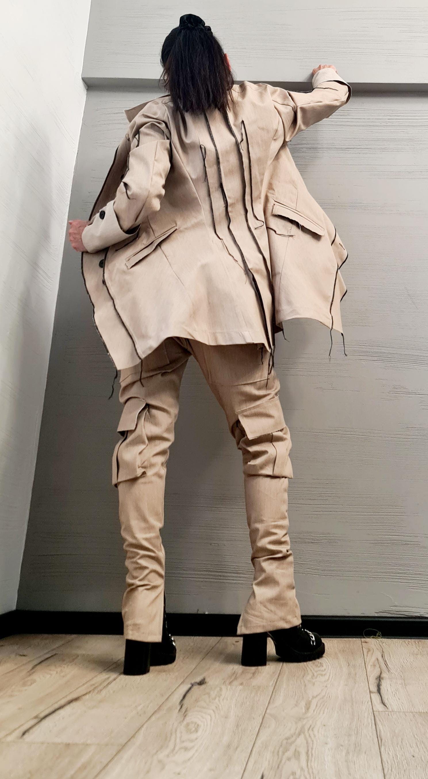 Extravagant Denim Women Costume, Asymmetric Avant Garde Blazer, Women Cargo Pants, Deconstructed Futuristic Clothing DRESSSHOESCODE