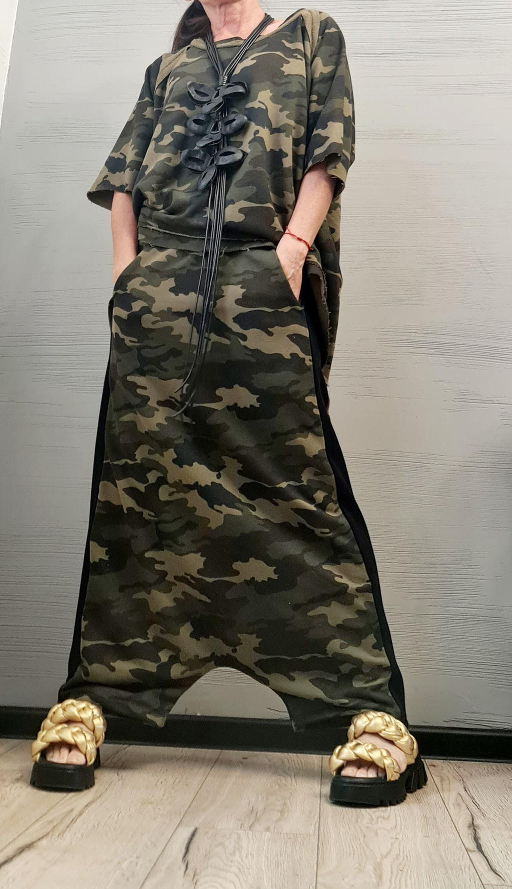 Blouse Short Sleeves, Extravagant Cotton Set, Extravagant Blouse Open Back, Harem pant, Asymmetrical Set DRESSSHOESCODE Camouflage