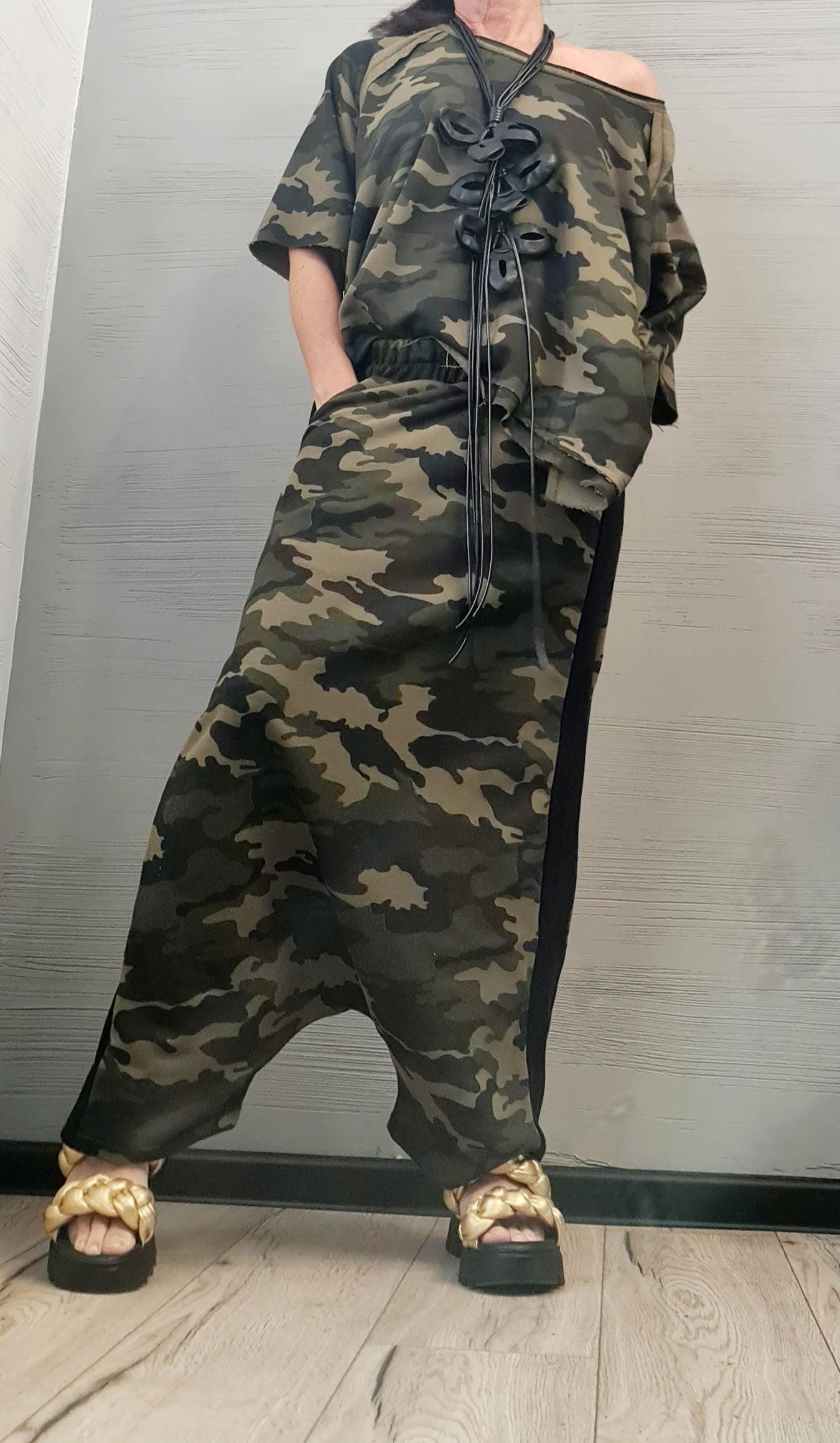 Blouse Short Sleeves, Extravagant Cotton Set, Extravagant Blouse Open Back, Harem pant, Asymmetrical Set DRESSSHOESCODE Camouflage