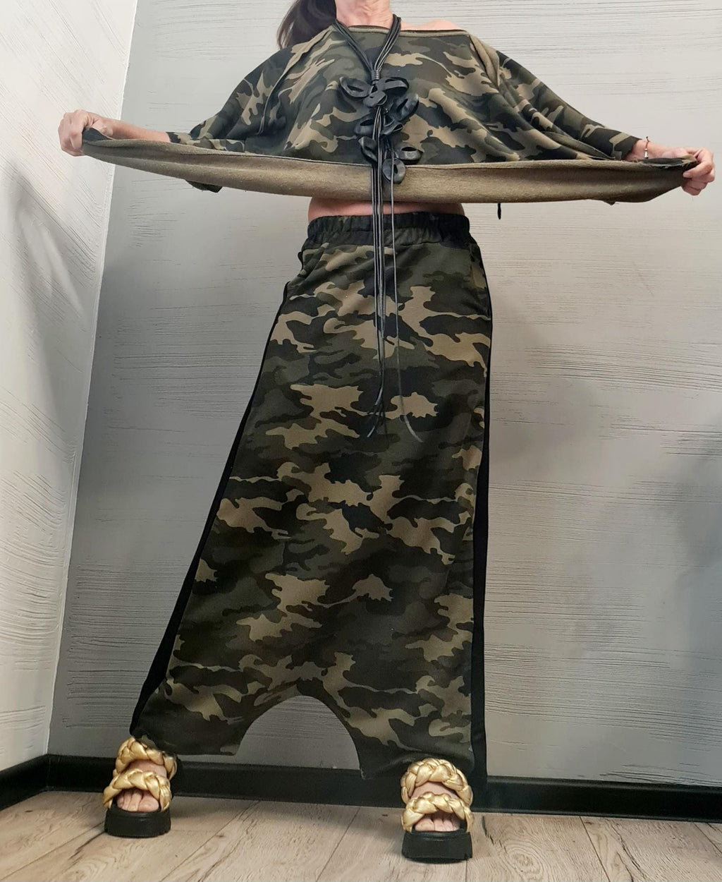 Blouse Short Sleeves, Extravagant Cotton Set, Extravagant Blouse Open Back, Harem pant, Asymmetrical Set DRESSSHOESCODE Camouflage