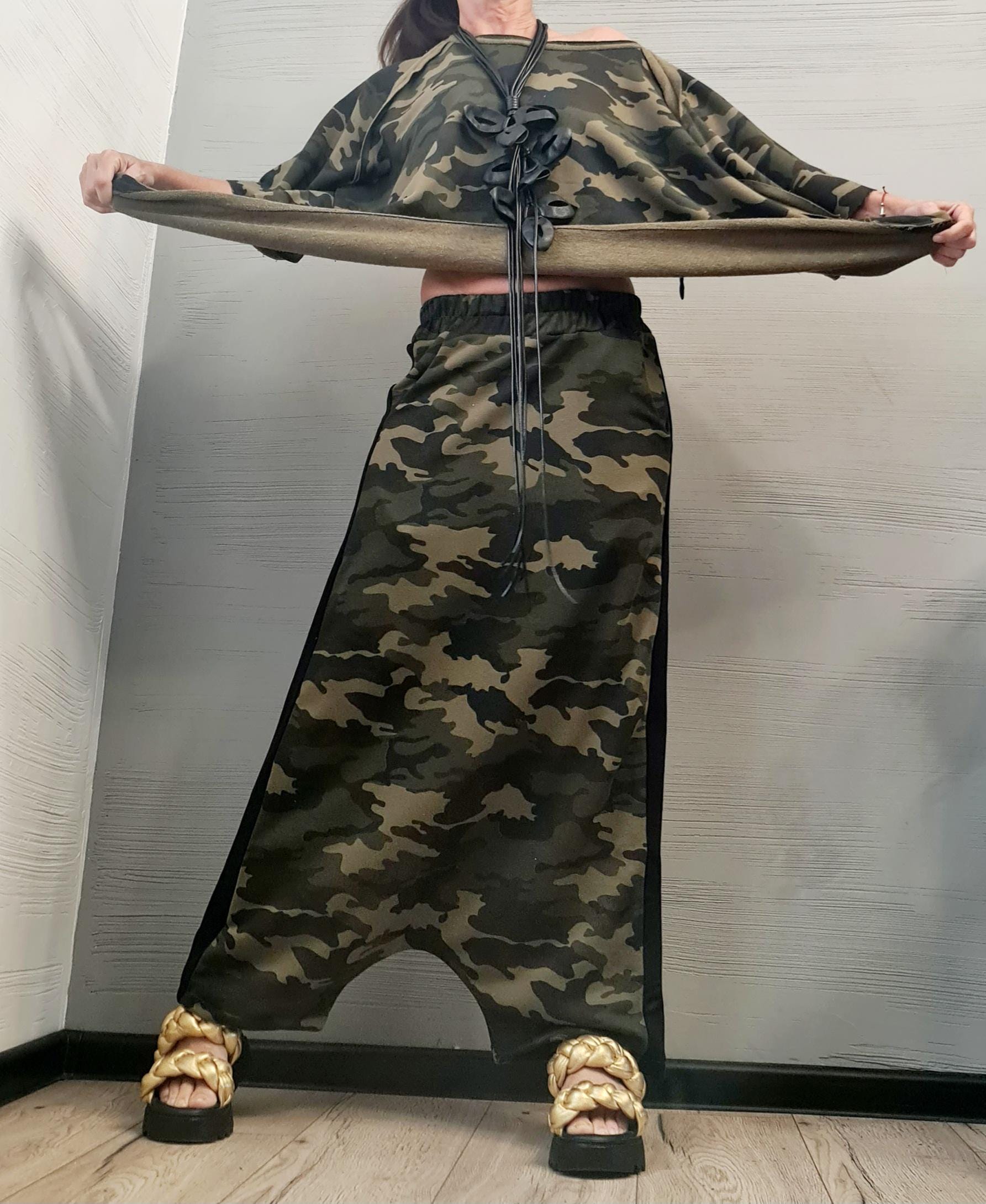 Blouse Short Sleeves, Extravagant Cotton Set, Extravagant Blouse Open Back, Harem pant, Asymmetrical Set DRESSSHOESCODE Camouflage