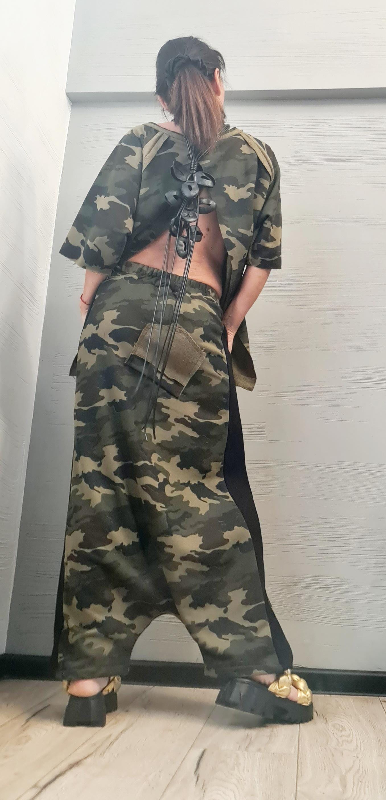 Blouse Short Sleeves, Extravagant Cotton Set, Extravagant Blouse Open Back, Harem pant, Asymmetrical Set DRESSSHOESCODE Camouflage