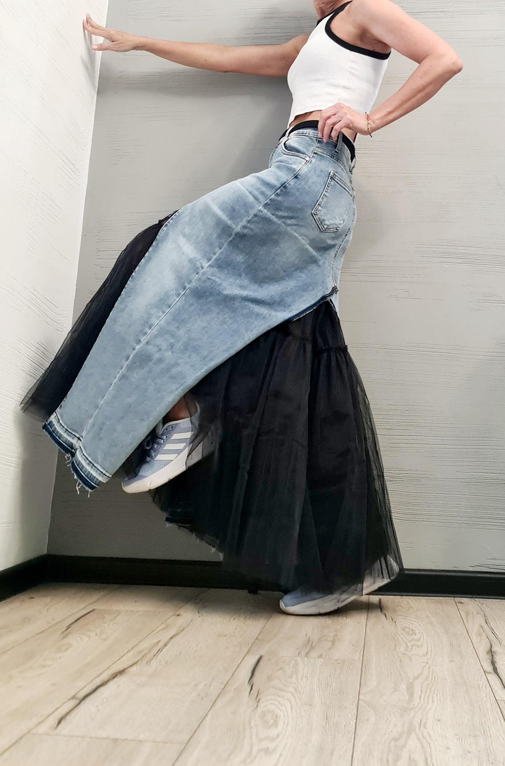 New collection Extravagant Long Skirt, Asymmetric Denim Tulle Skirt, Deconstructed Avant Garde Skirt DRESSSHOESCODE