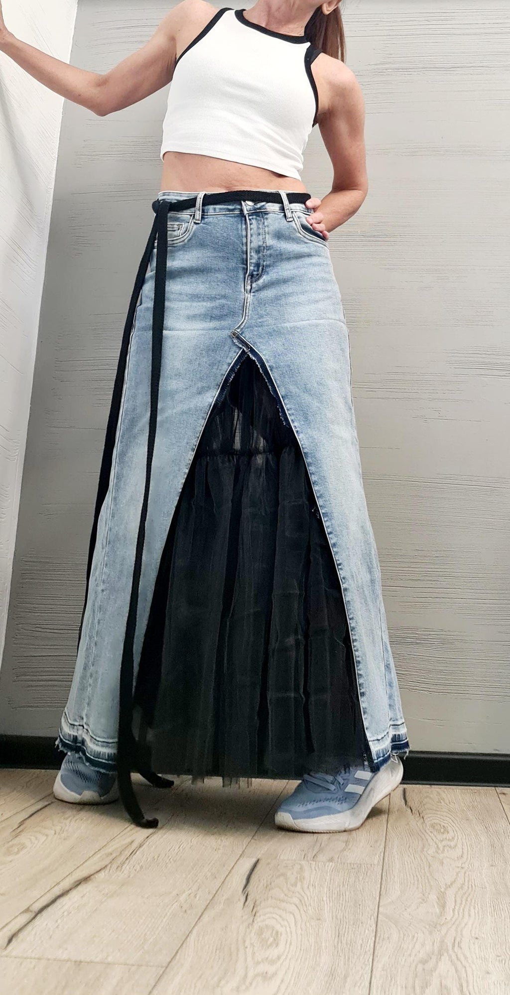 New collection Extravagant Long Skirt, Asymmetric Denim Tulle Skirt, Deconstructed Avant Garde Skirt DRESSSHOESCODE