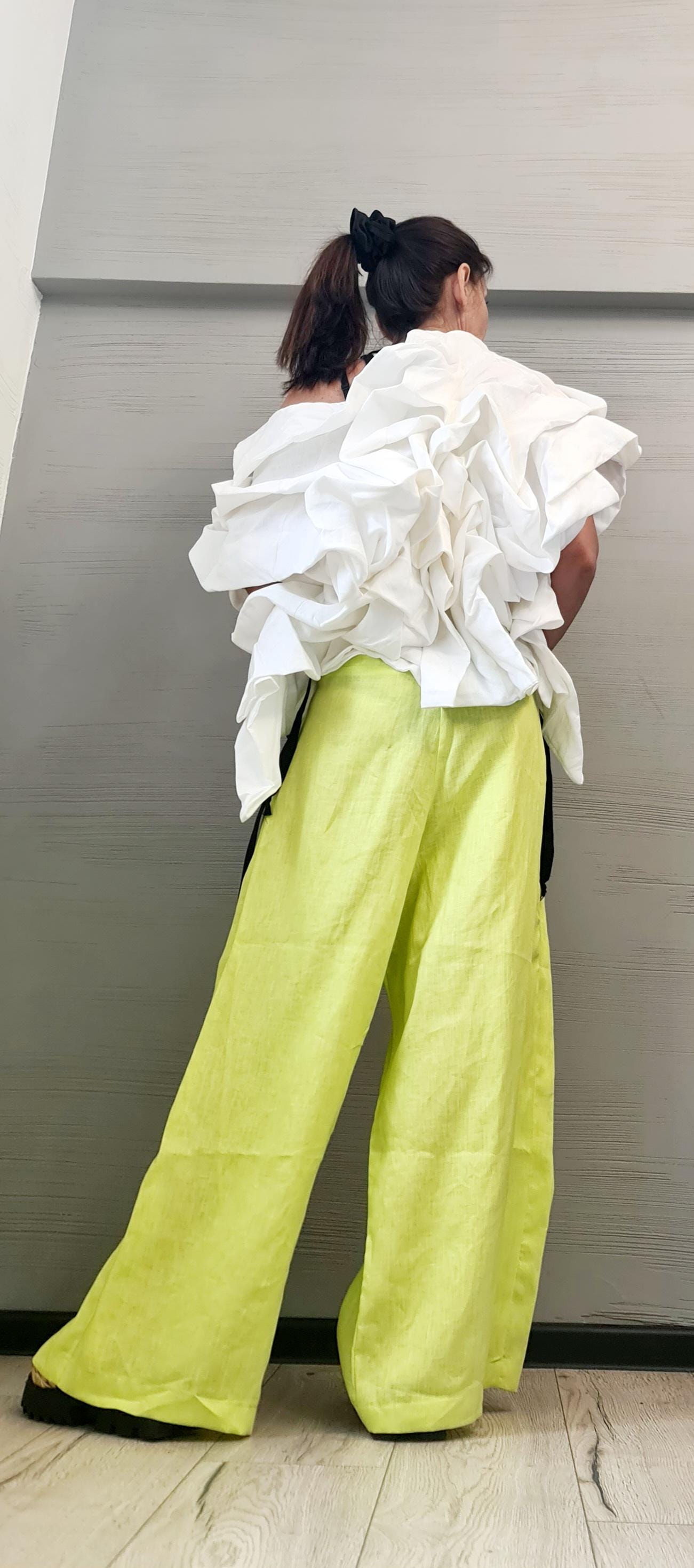 Linen Extravagant Jacket, Orange Linen Ruffle Jacket – Handmade Avant-Garde Short Coat