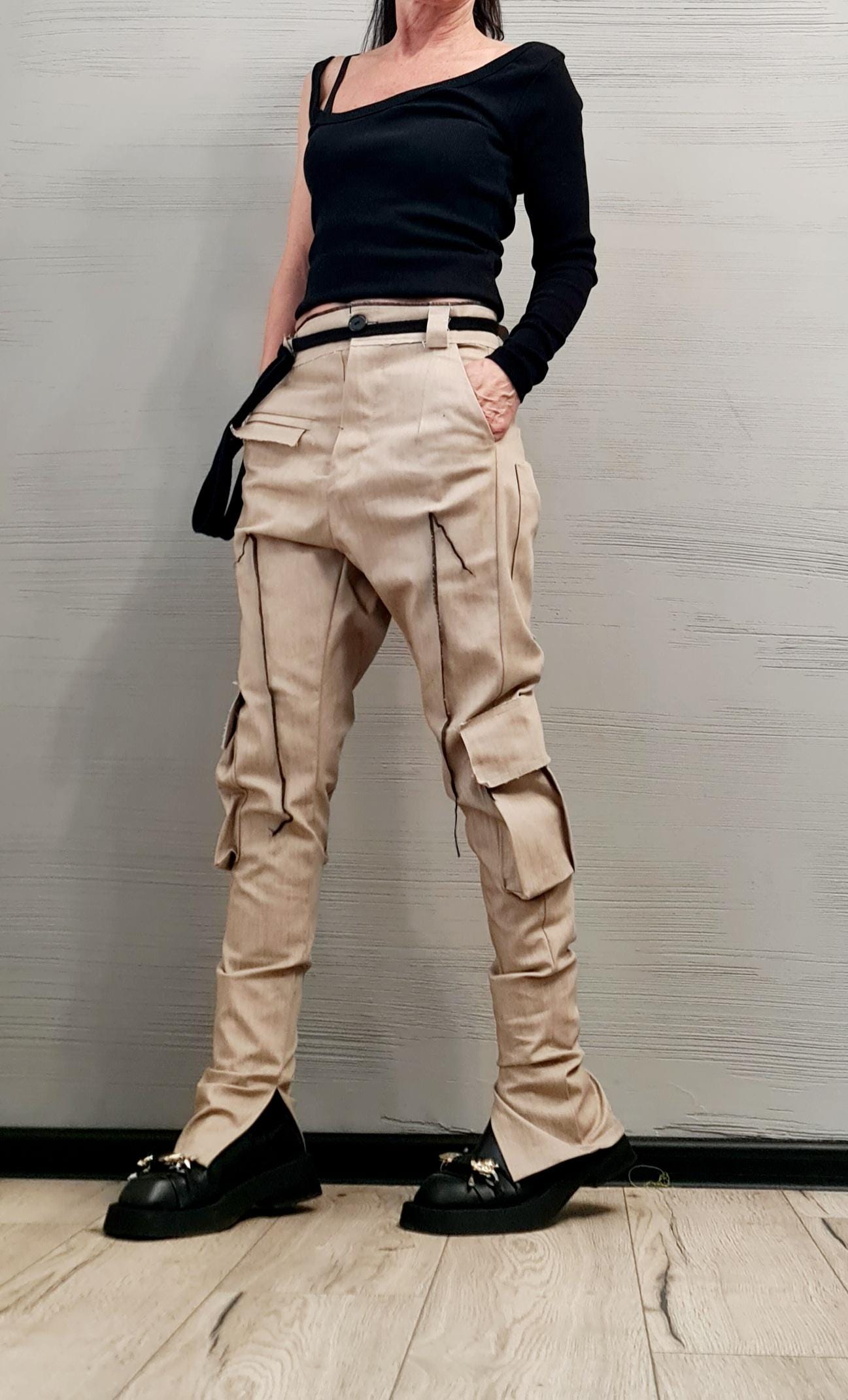 Extravagant Cargo Denim Pants, Fitted Sexy Casual Pants, Outer pockets, New collection DRESSSHOESCODE