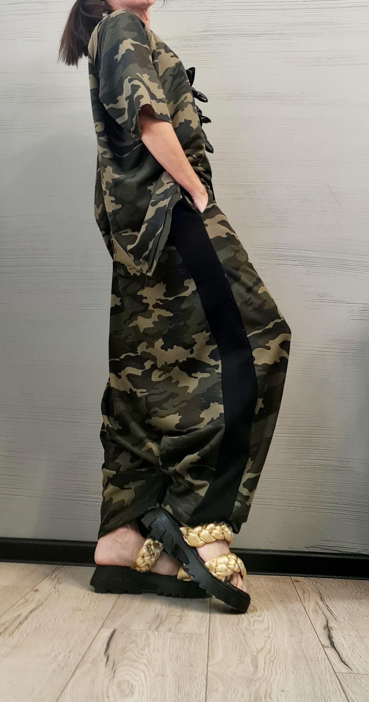 Blouse Short Sleeves, Extravagant Cotton Set, Extravagant Blouse Open Back, Harem pant, Asymmetrical Set DRESSSHOESCODE Camouflage