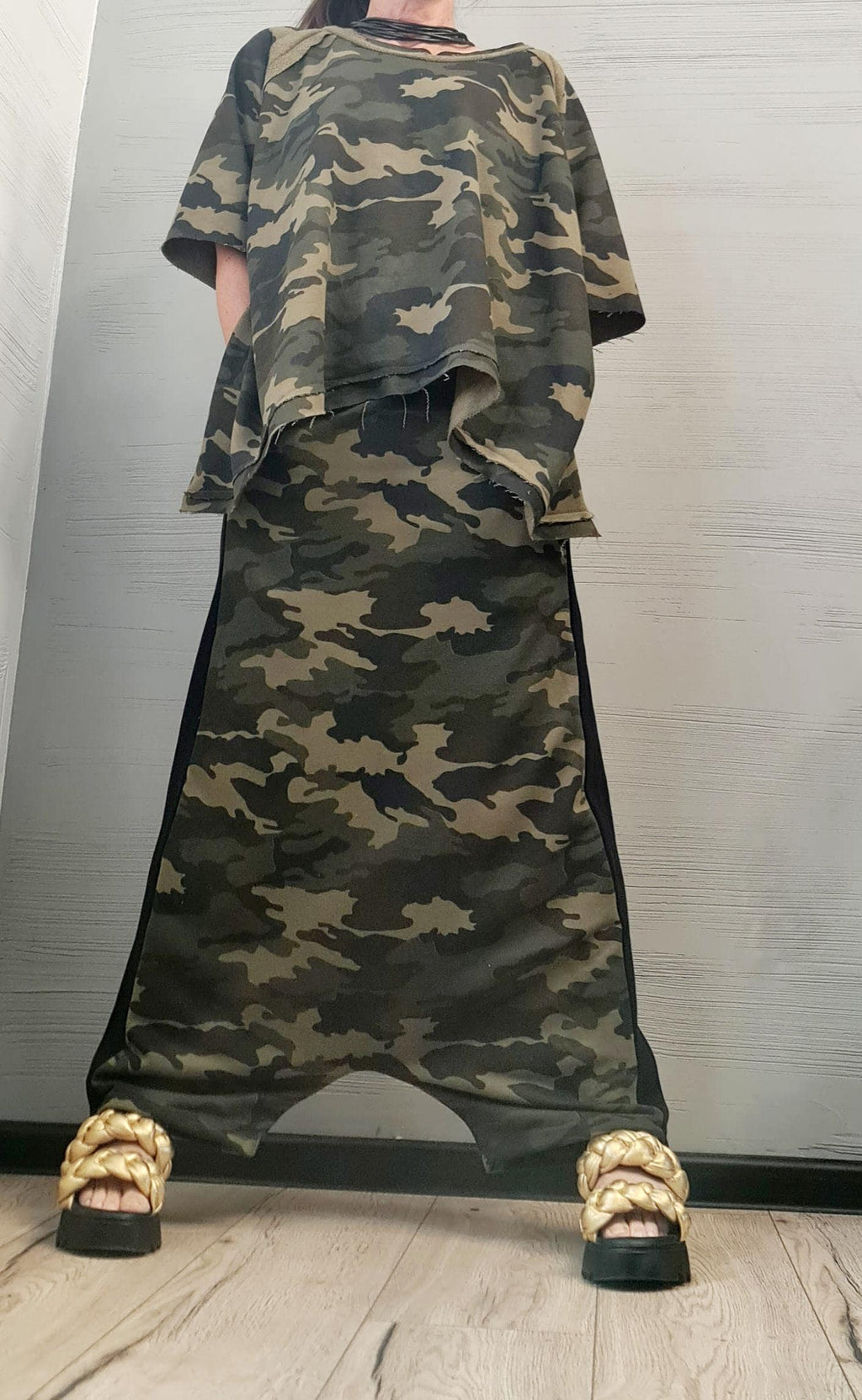 Blouse Short Sleeves, Extravagant Cotton Set, Extravagant Blouse Open Back, Harem pant, Asymmetrical Set DRESSSHOESCODE Camouflage