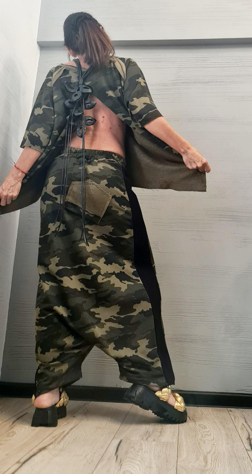 Blouse Short Sleeves, Extravagant Cotton Set, Extravagant Blouse Open Back, Harem pant, Asymmetrical Set DRESSSHOESCODE Camouflage