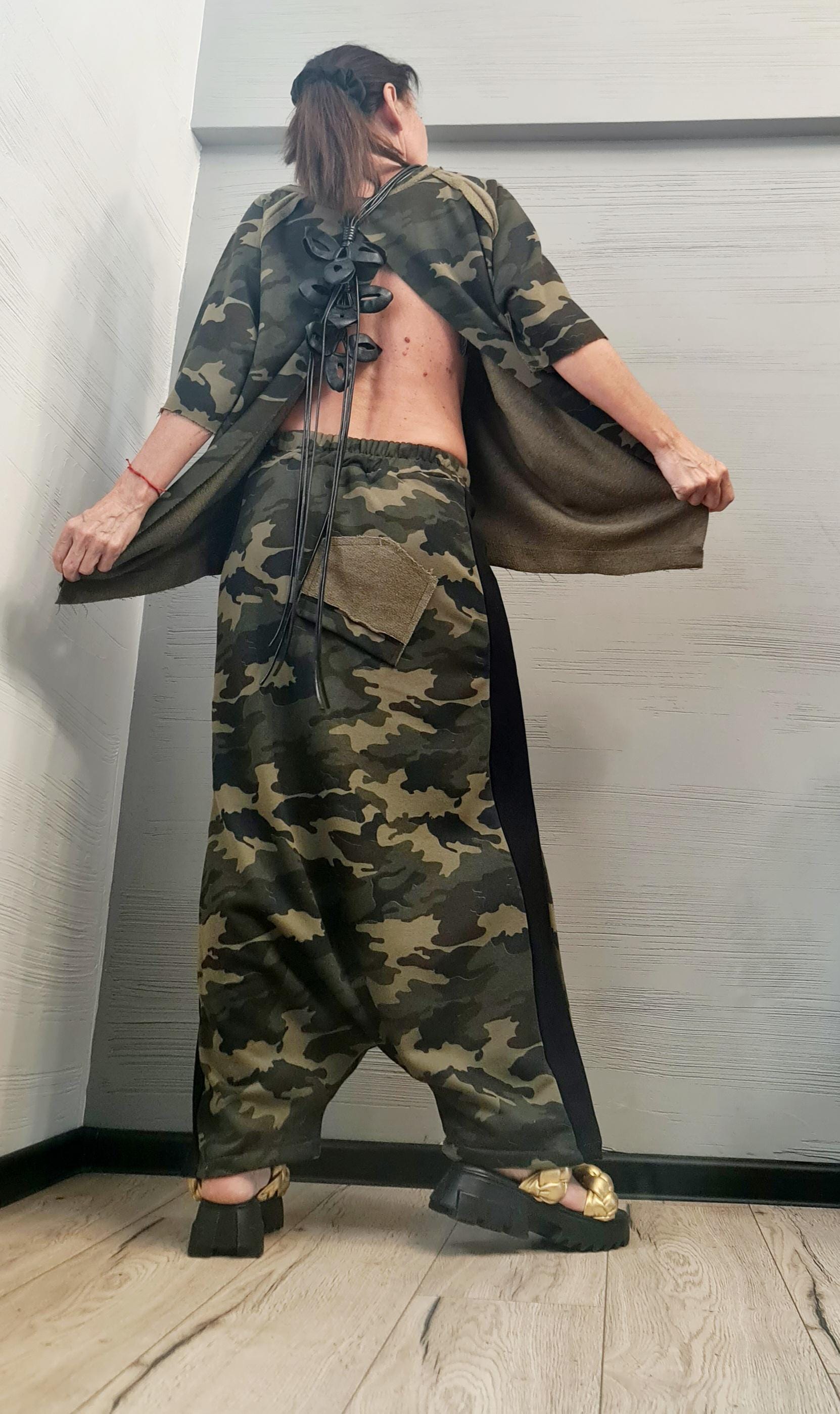 Blouse Short Sleeves, Extravagant Cotton Set, Extravagant Blouse Open Back, Harem pant, Asymmetrical Set DRESSSHOESCODE Camouflage