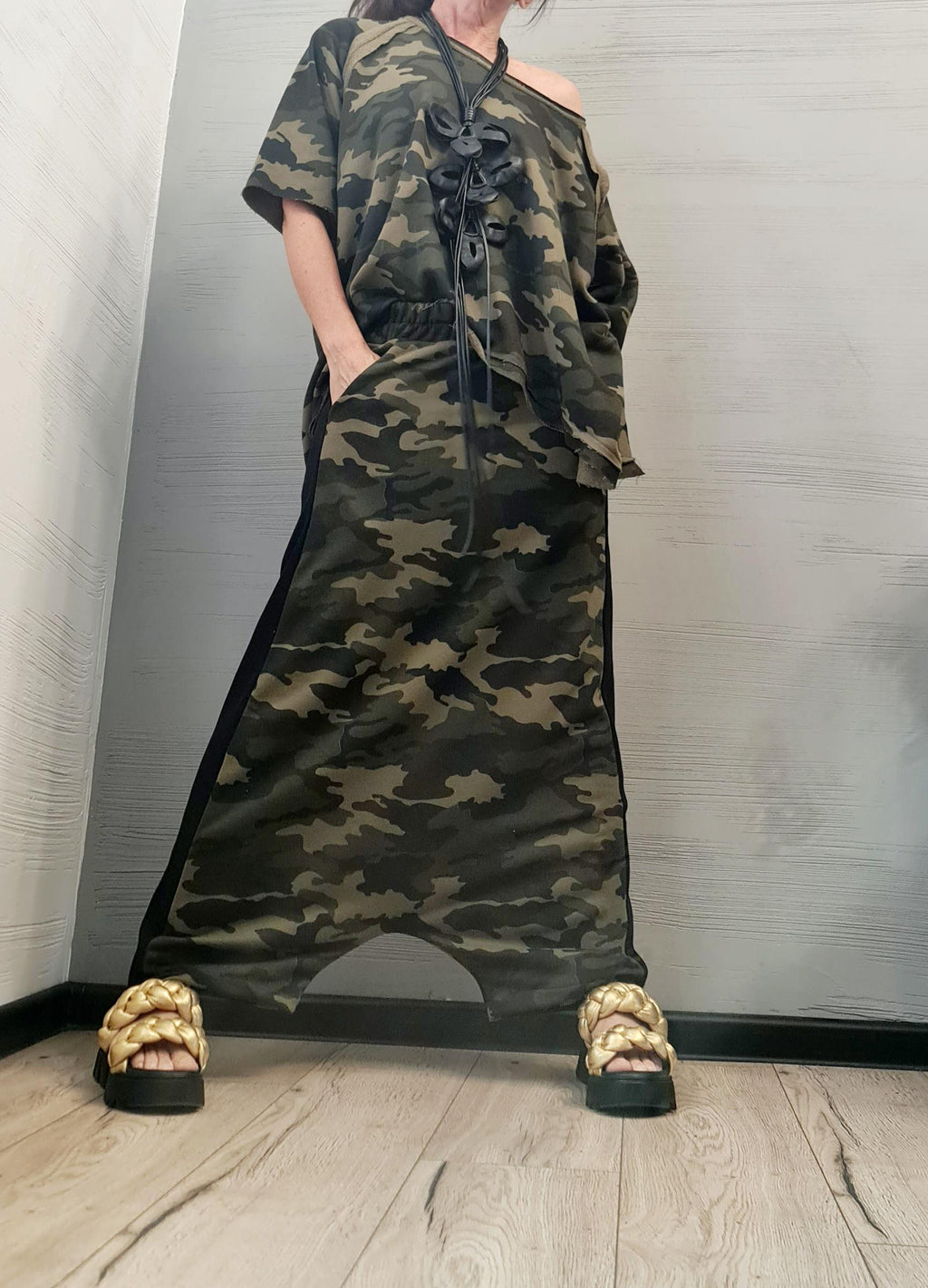Blouse Short Sleeves, Extravagant Cotton Set, Extravagant Blouse Open Back, Harem pant, Asymmetrical Set DRESSSHOESCODE Camouflage
