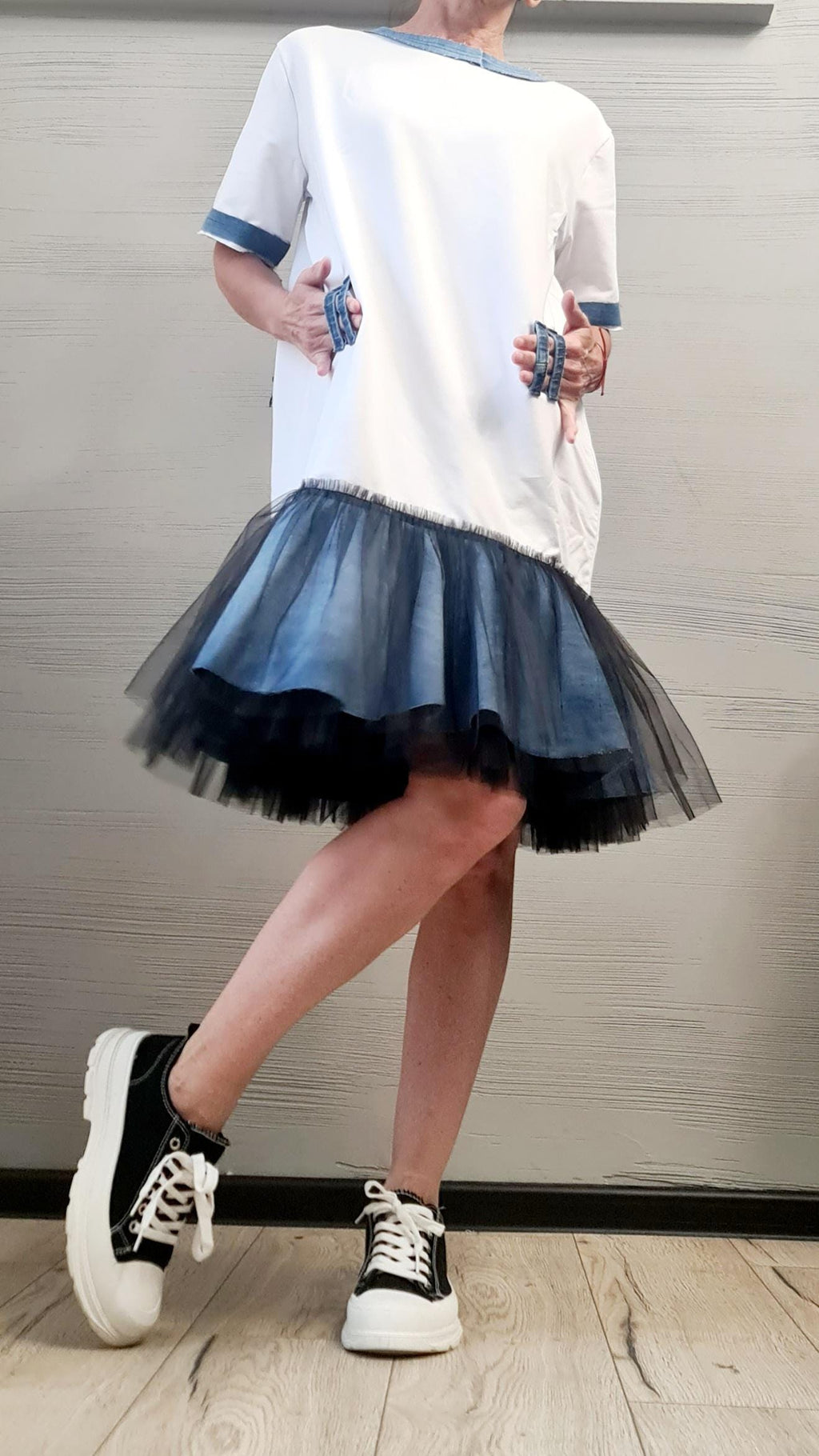 Extravagant Cotton Denim Tulle Tunic Dress, Casual Oversized T-Shirt Dress with Jean Accents – Unique Layered Skirt Style