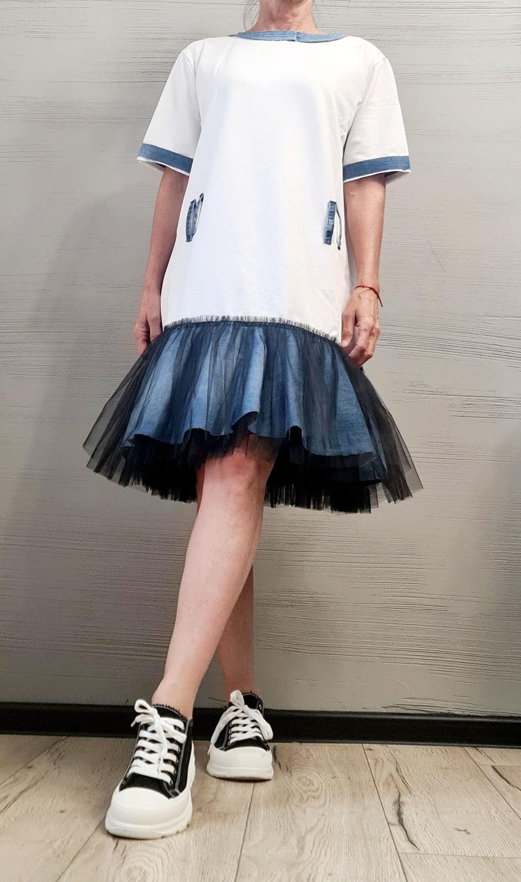 Extravagant Cotton Denim Tulle Tunic Dress, Casual Oversized T-Shirt Dress with Jean Accents – Unique Layered Skirt Style