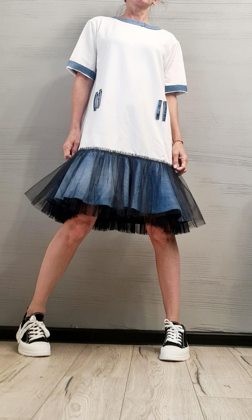 Extravagant Cotton Denim Tulle Tunic Dress, Casual Oversized T-Shirt Dress with Jean Accents – Unique Layered Skirt Style