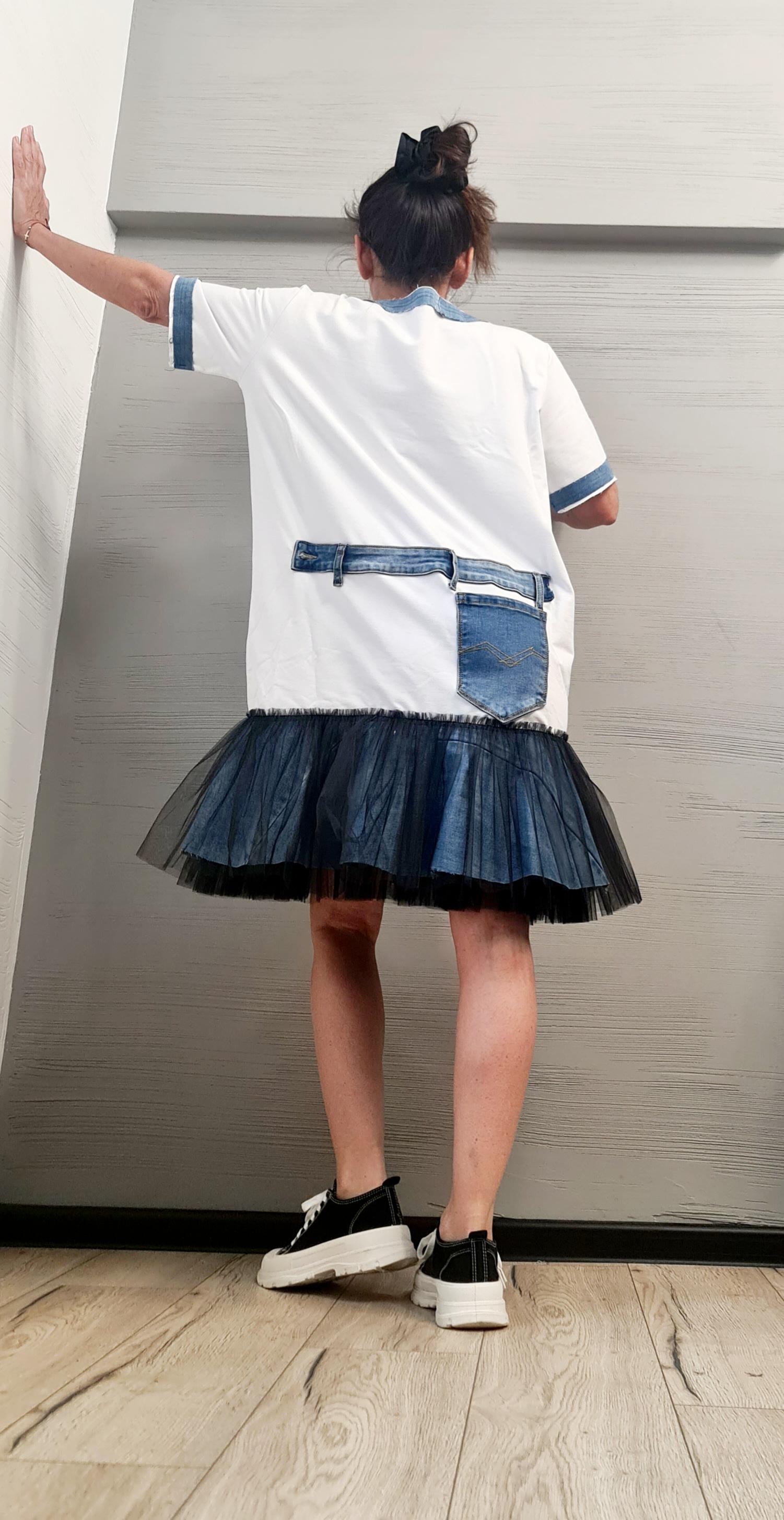 Extravagant Cotton Denim Tulle Tunic Dress, Casual Oversized T-Shirt Dress with Jean Accents – Unique Layered Skirt Style