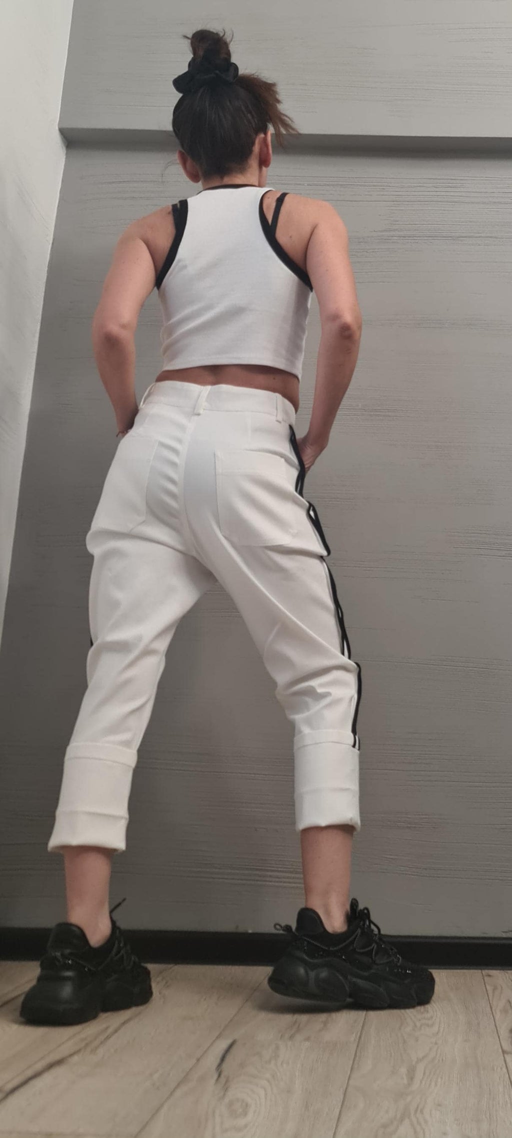Black&Whit Denim Harem Pants - White Denim Cargo Pants – Trousers with External Pockets – Streetwear Contrast Design - Extravagant Pants
