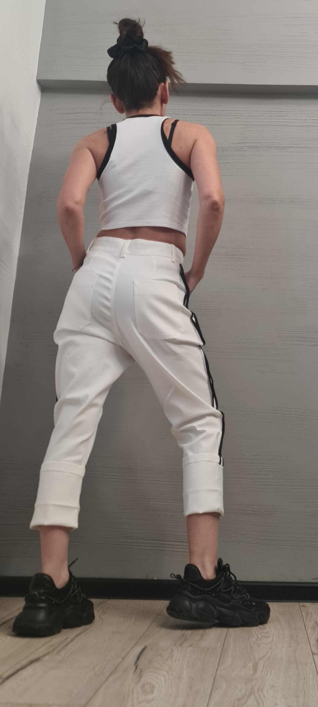Black&Whit Denim Harem Pants - White Denim Cargo Pants – Trousers with External Pockets – Streetwear Contrast Design - Extravagant Pants