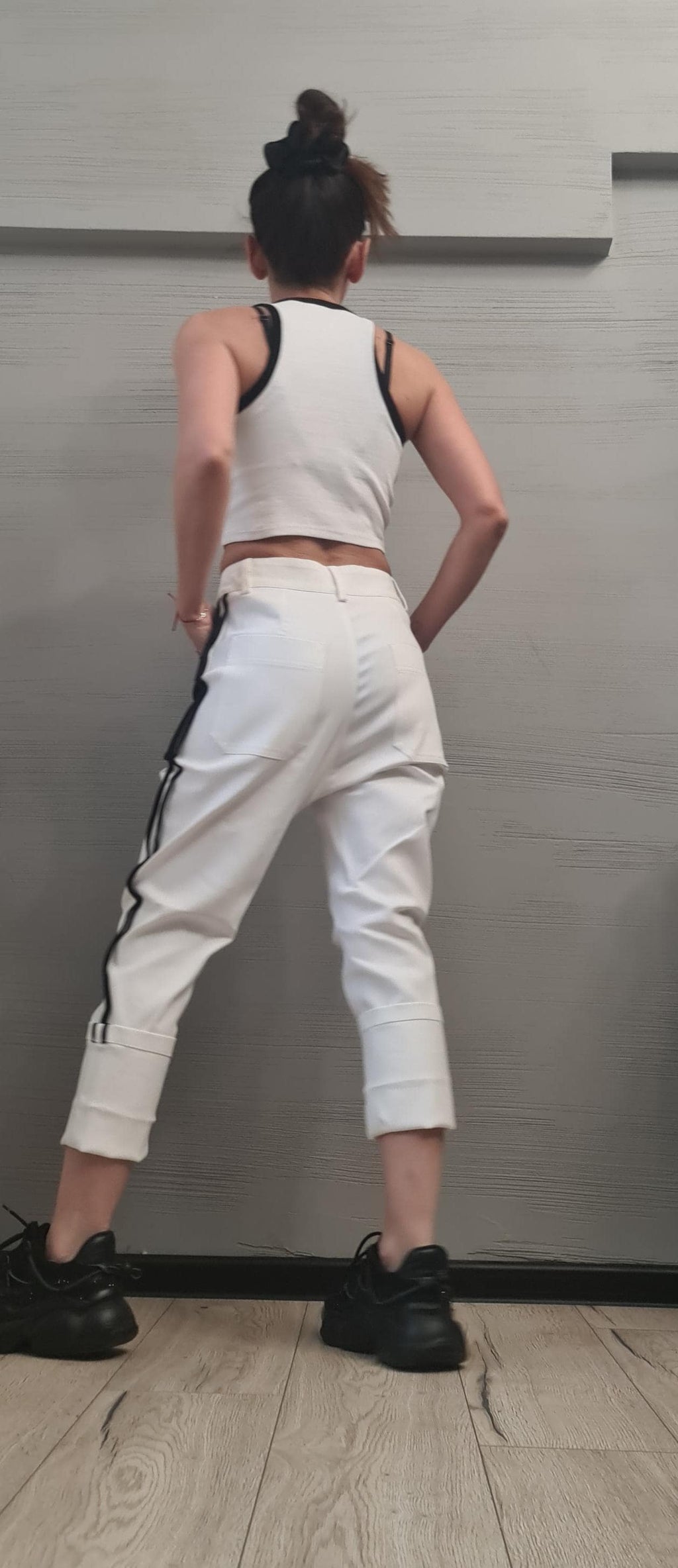 Black&Whit Denim Harem Pants - White Denim Cargo Pants – Trousers with External Pockets – Streetwear Contrast Design - Extravagant Pants