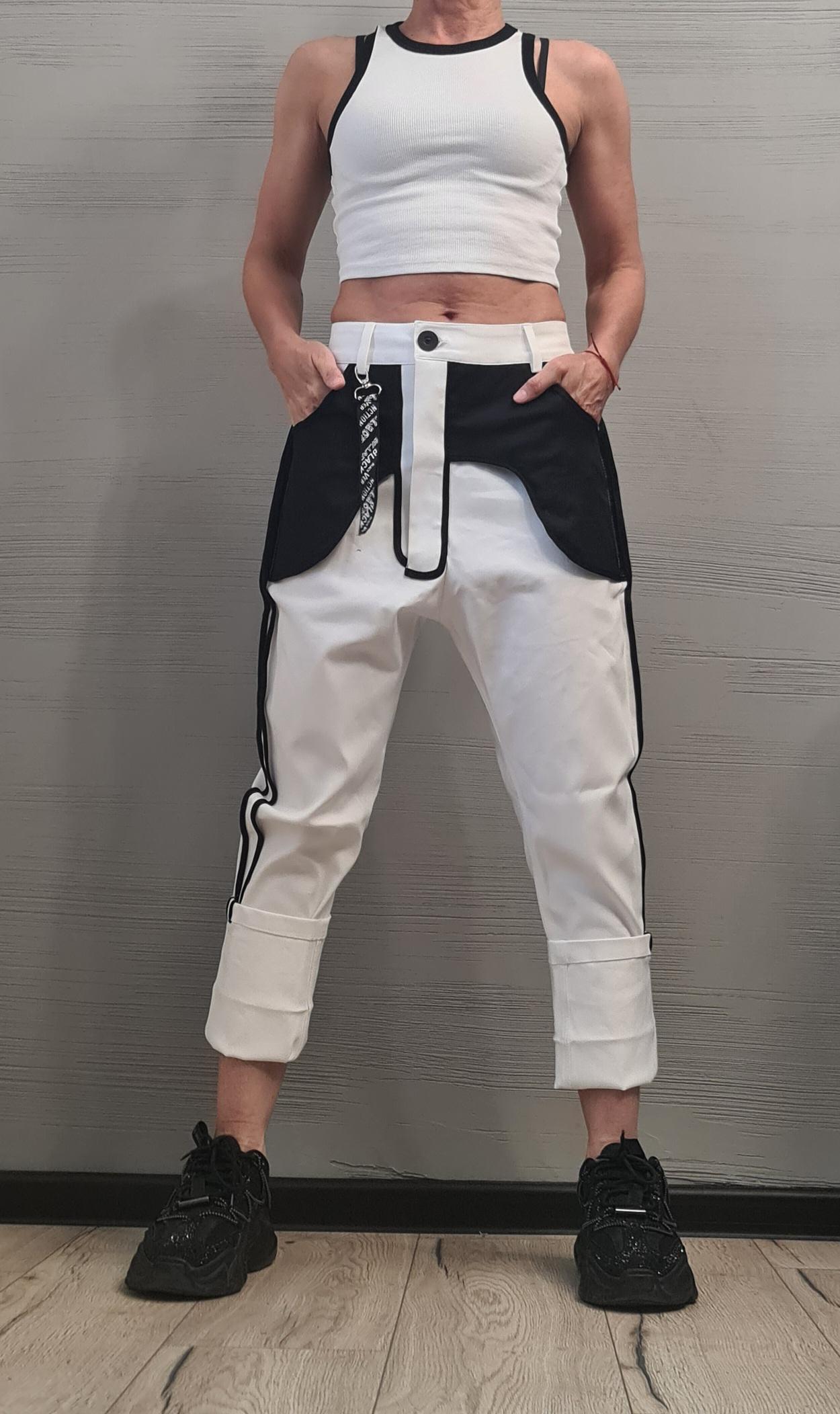 Black&Whit Denim Harem Pants - White Denim Cargo Pants – Trousers with External Pockets – Streetwear Contrast Design - Extravagant Pants