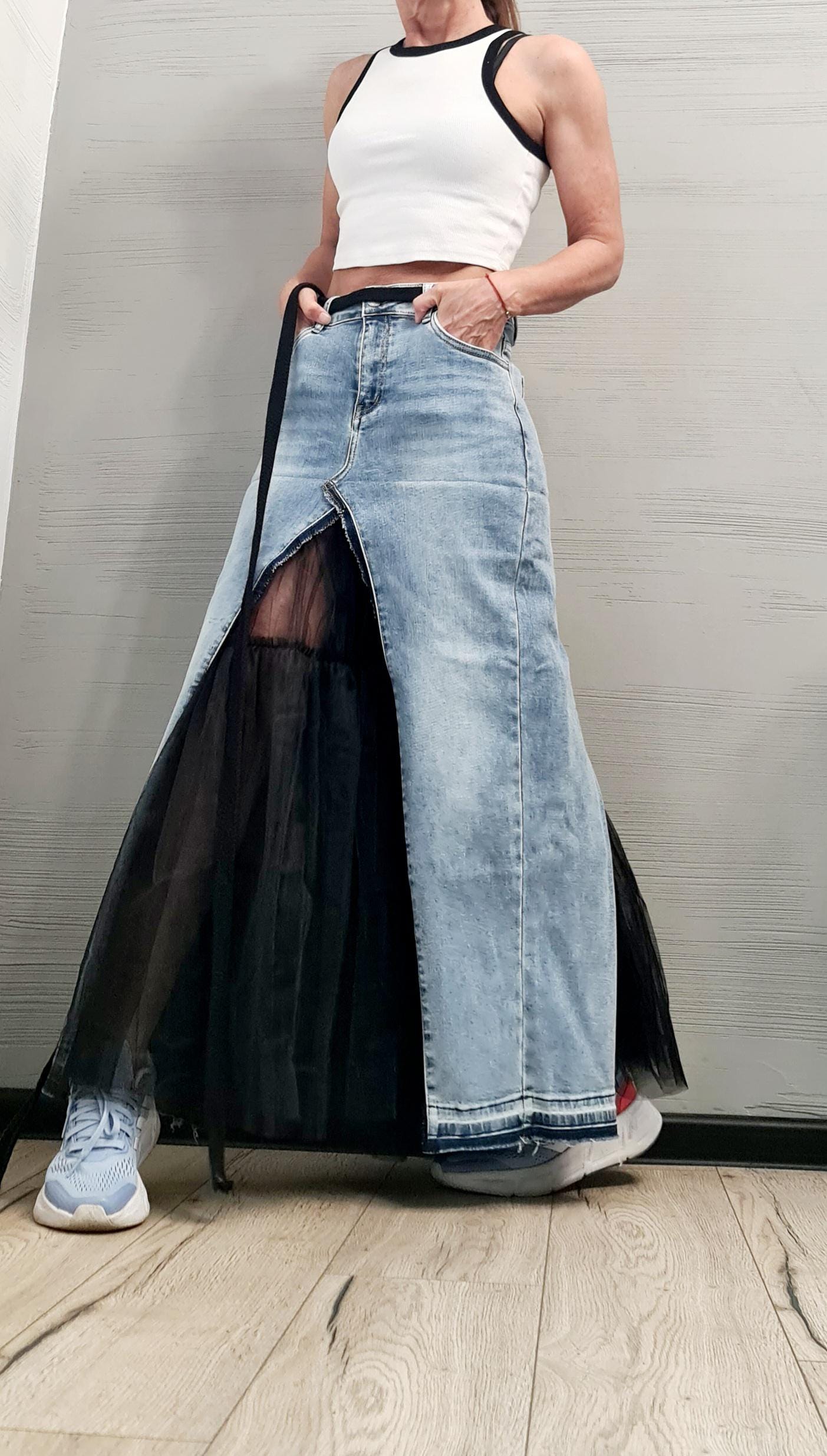 New collection Extravagant Long Skirt, Asymmetric Denim Tulle Skirt, Deconstructed Avant Garde Skirt DRESSSHOESCODE
