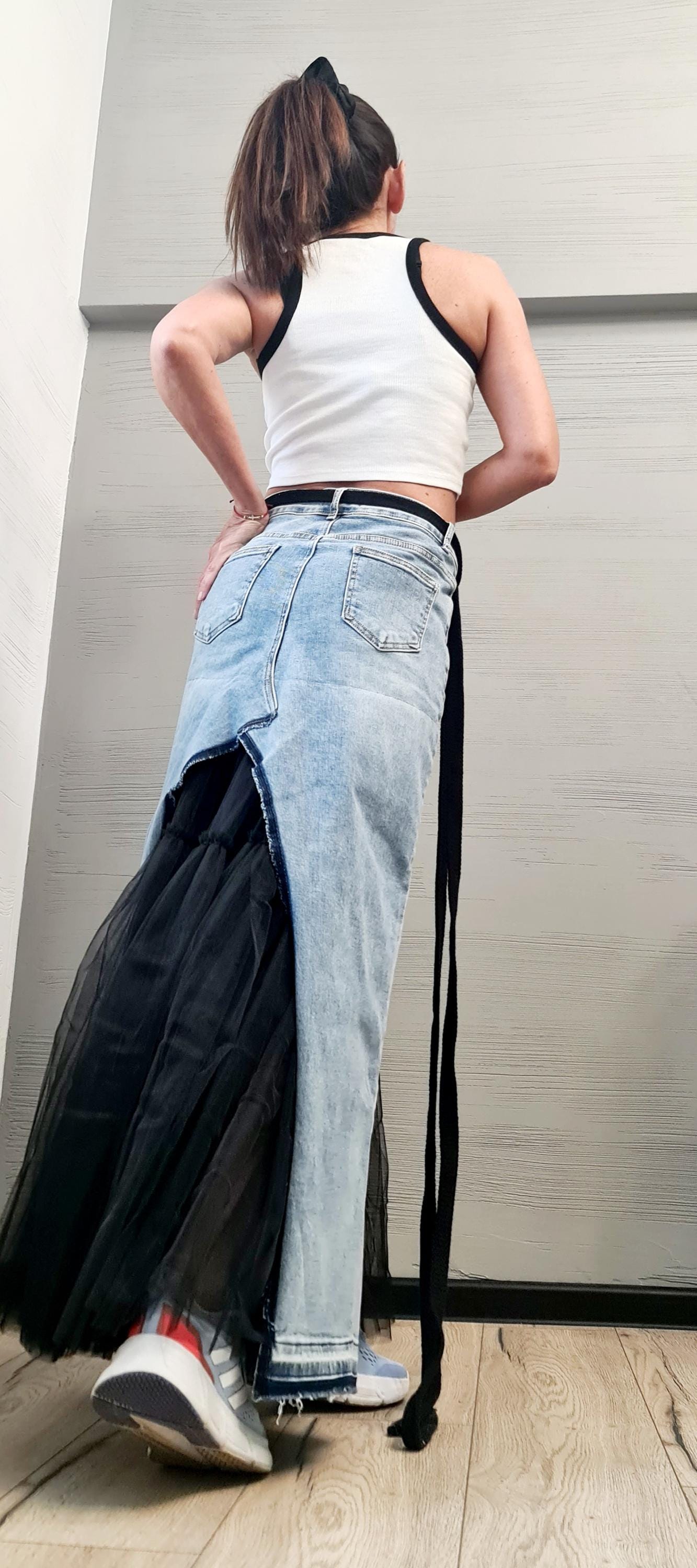 New collection Extravagant Long Skirt, Asymmetric Denim Tulle Skirt, Deconstructed Avant Garde Skirt DRESSSHOESCODE